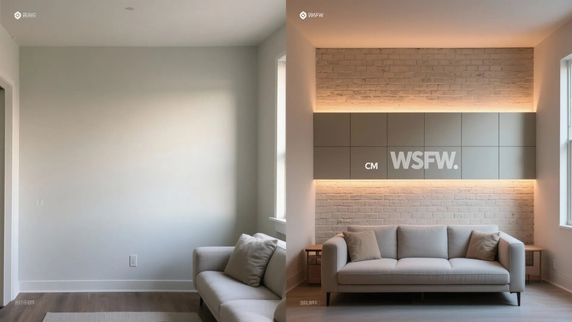 Before and after comparison of a plain white wall transformed into a brick wall with lighting