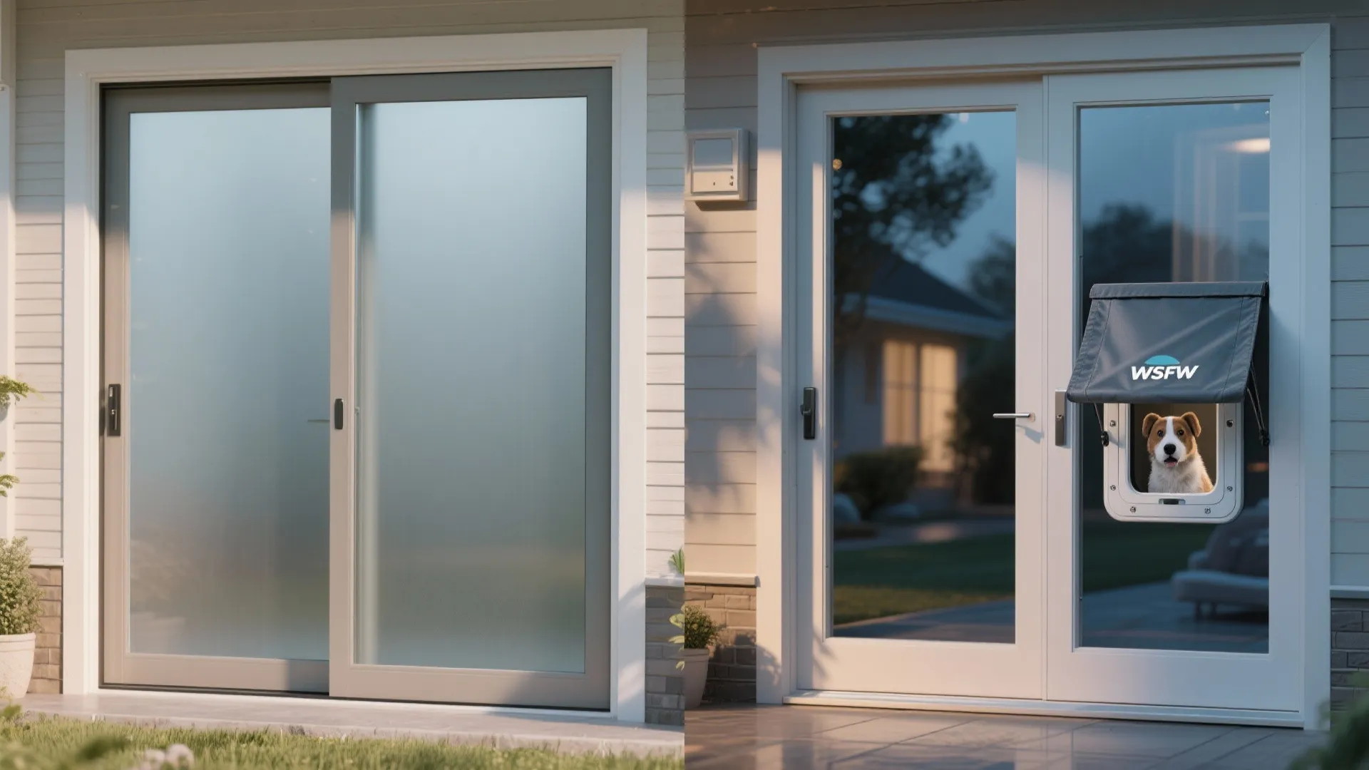Before and after comparison of plain glass sliding door and white door with dog door
