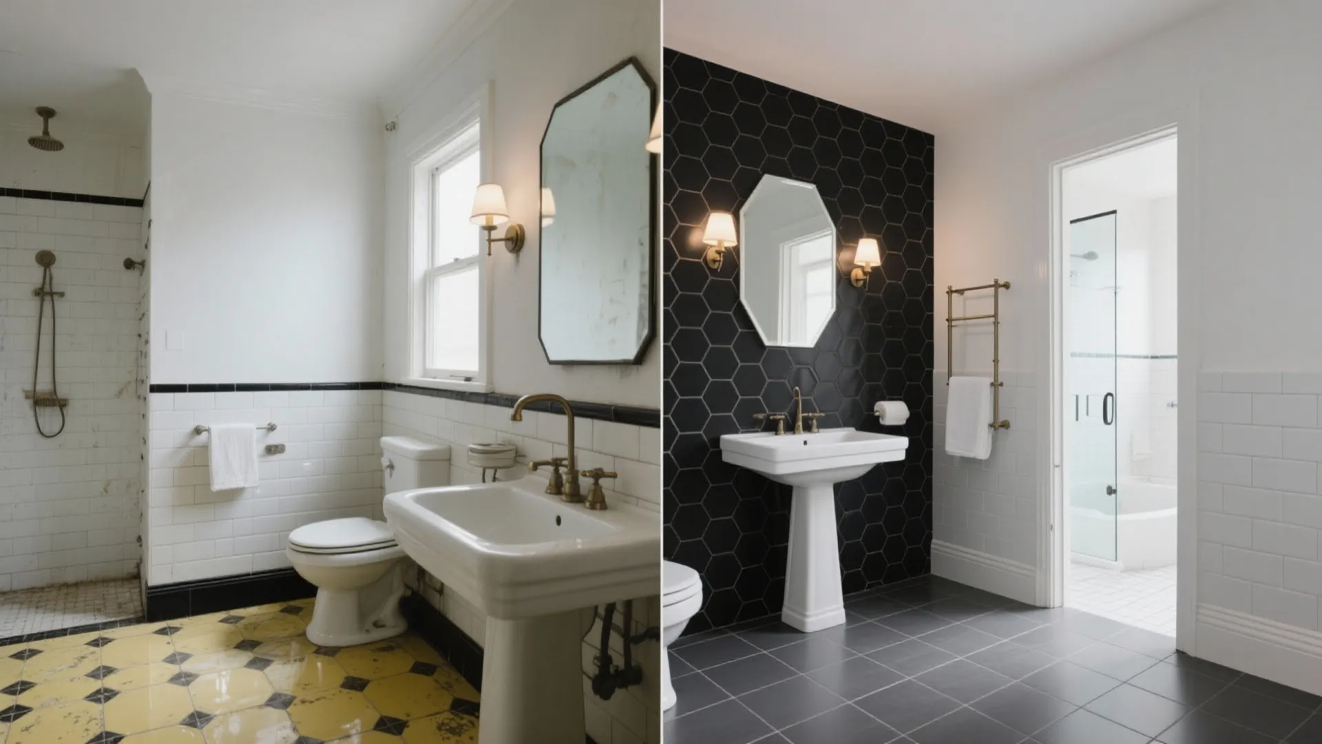 Comparison of old bathroom with yellow floor versus modern renovation with black hexagon wall tiles