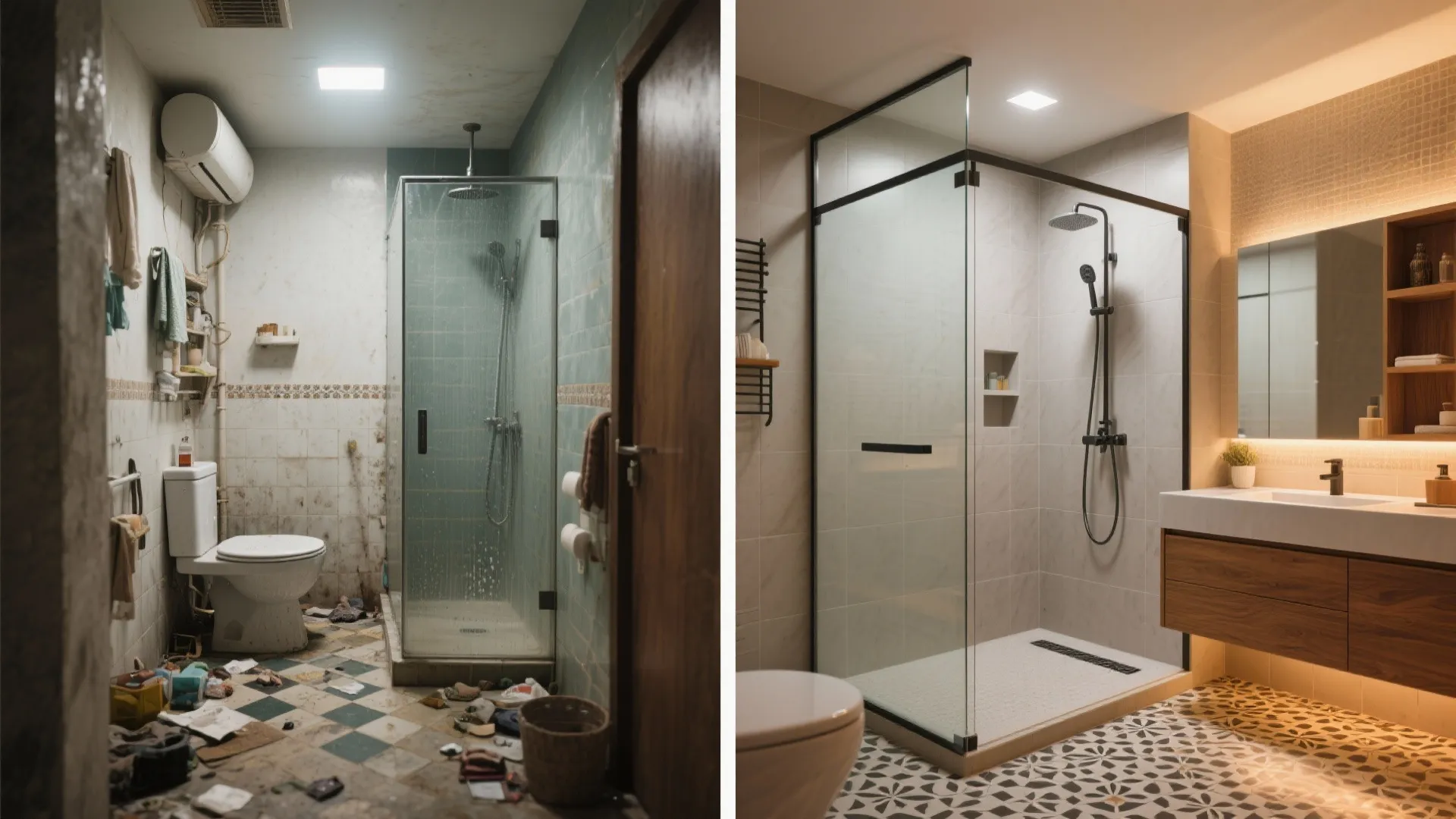 Before and after comparison of a messy old bathroom versus a clean modern renovated bathroom