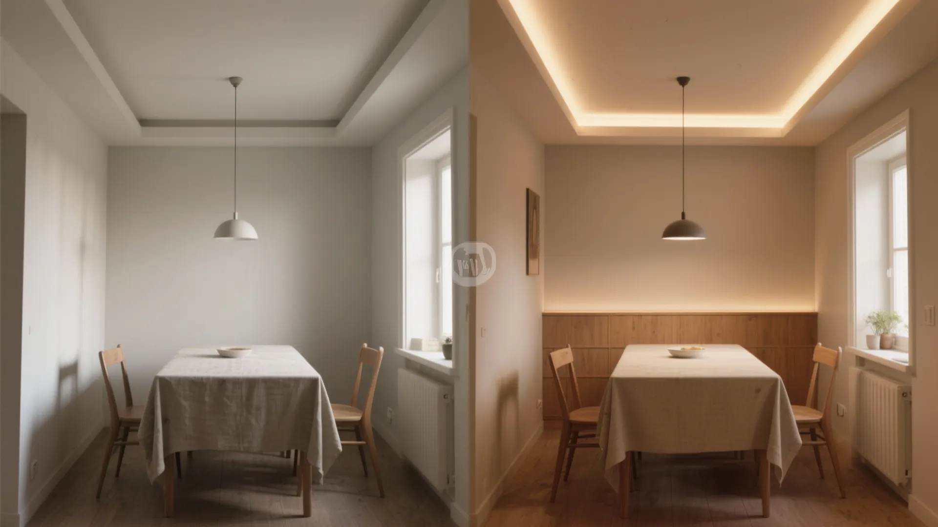 Before and after comparison of a dining room showing simple ceiling versus warm hidden lighting