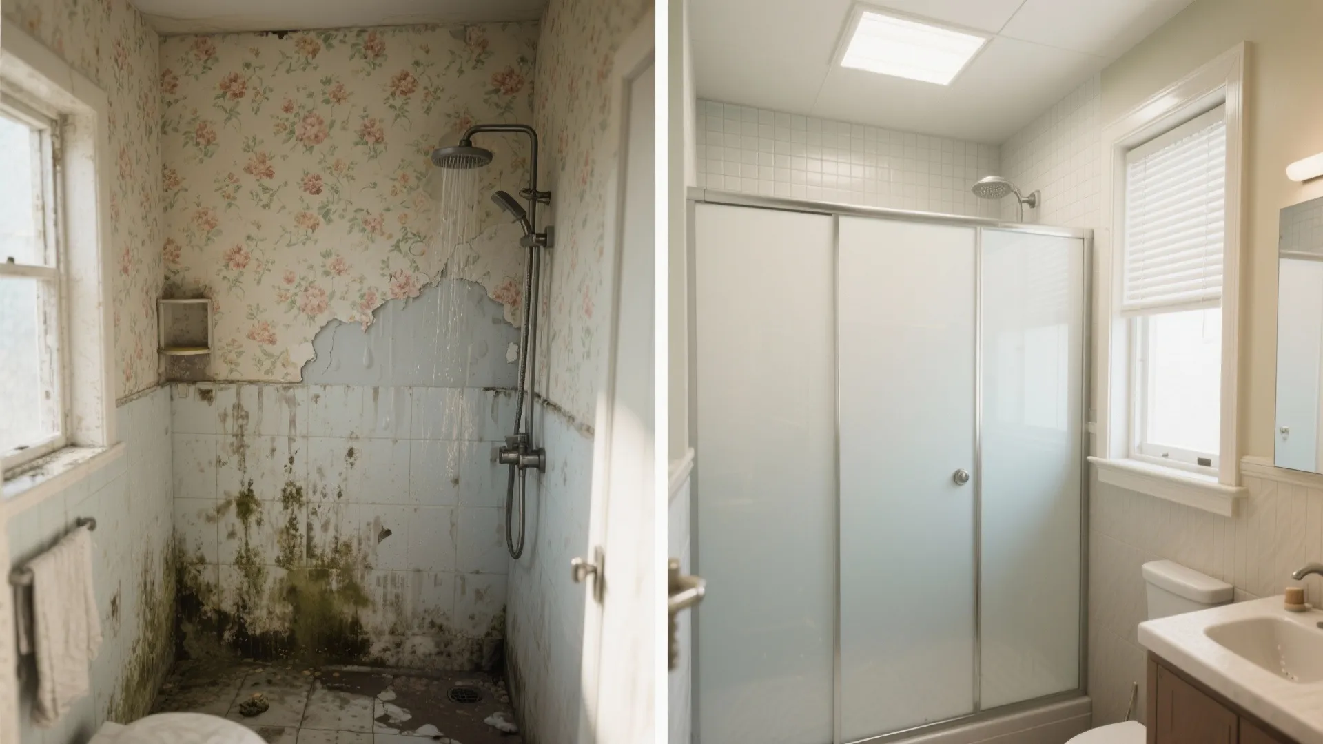 Before and after comparison of a dirty old bathroom versus a clean modern renovated shower space