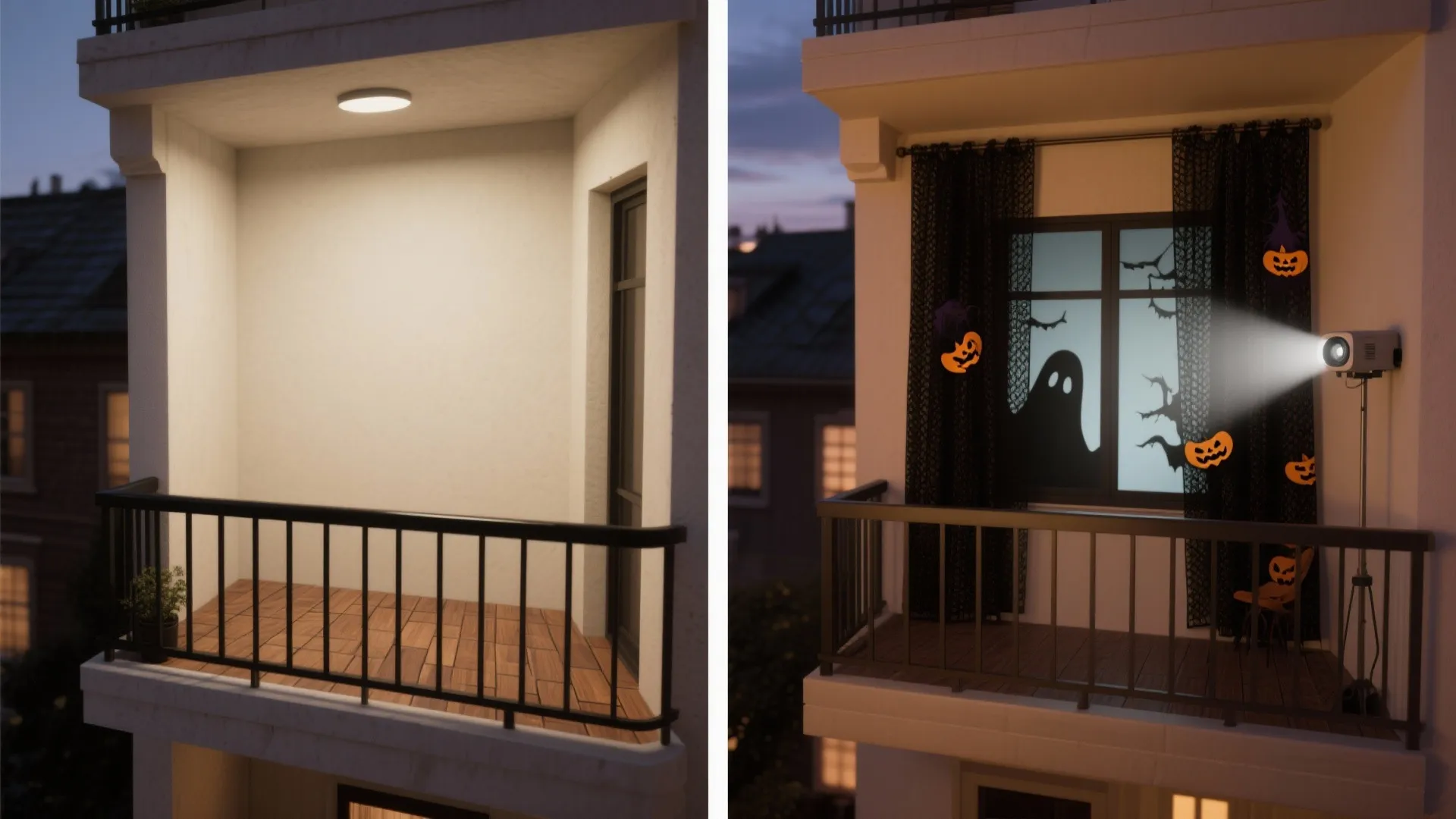 Before and after comparison of a plain balcony versus a balcony decorated for a Halloween