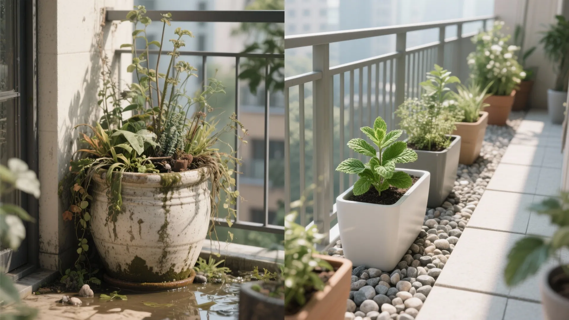 Split scene of an overstuffed heavy planter versus a tidy group of lightweight planters with clear spacing and a walkway.