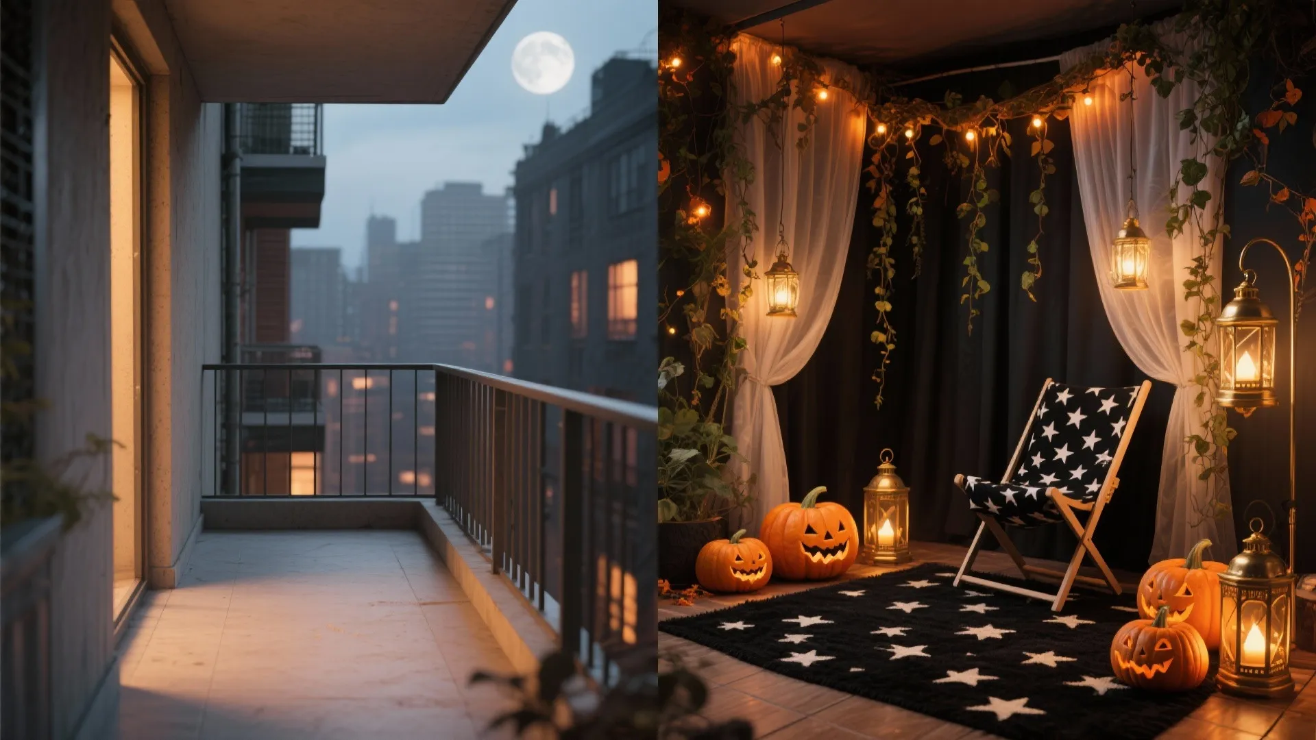 Before and after comparison of an empty balcony transformed into a cozy Halloween outdoor space