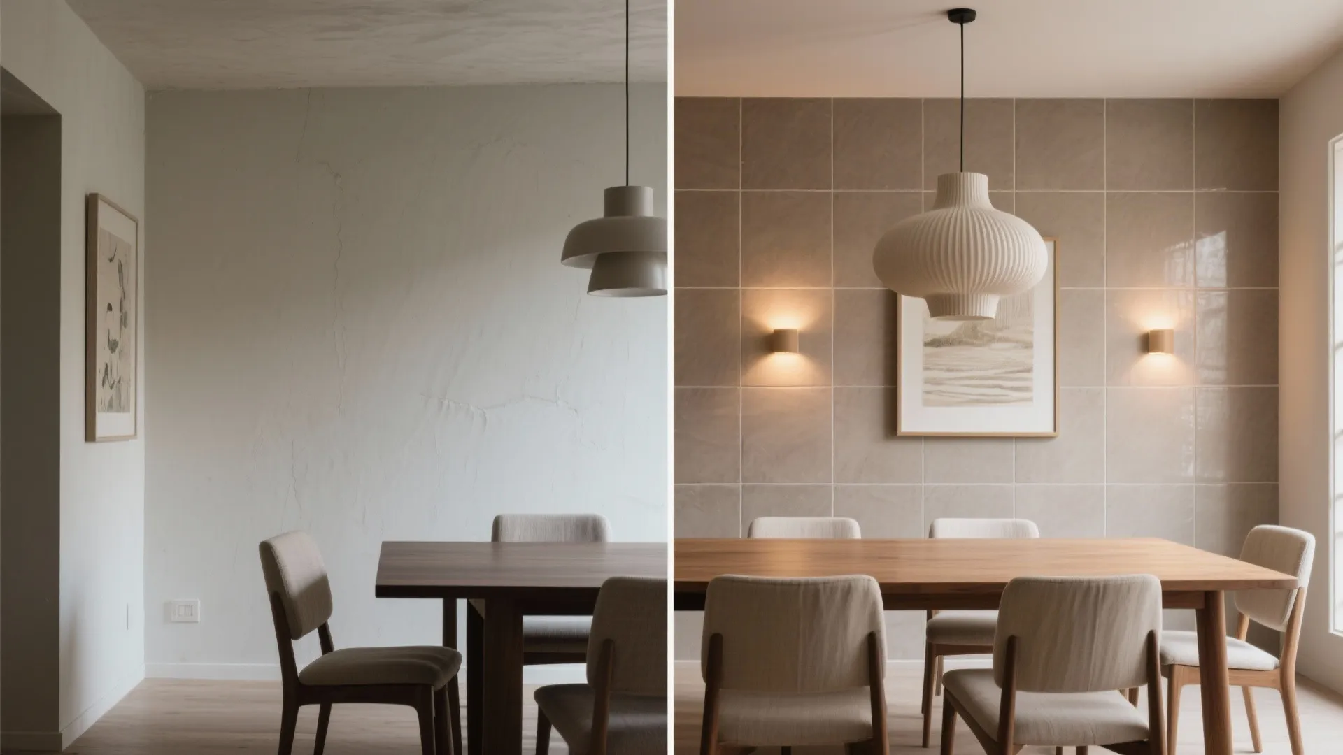 Before and after comparison of a dining room with plain walls versus new wall tiles