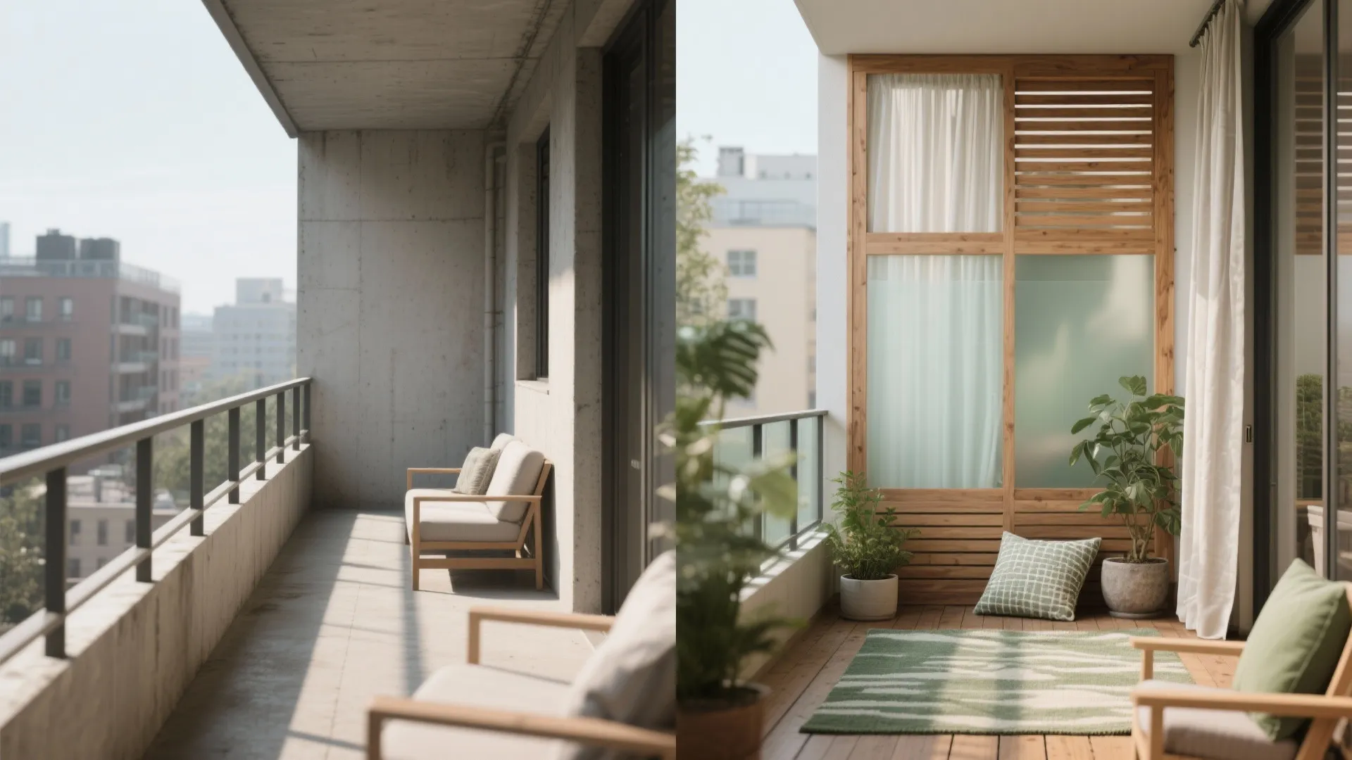 Before and after comparison of a concrete balcony transformed into a cozy green outdoor space