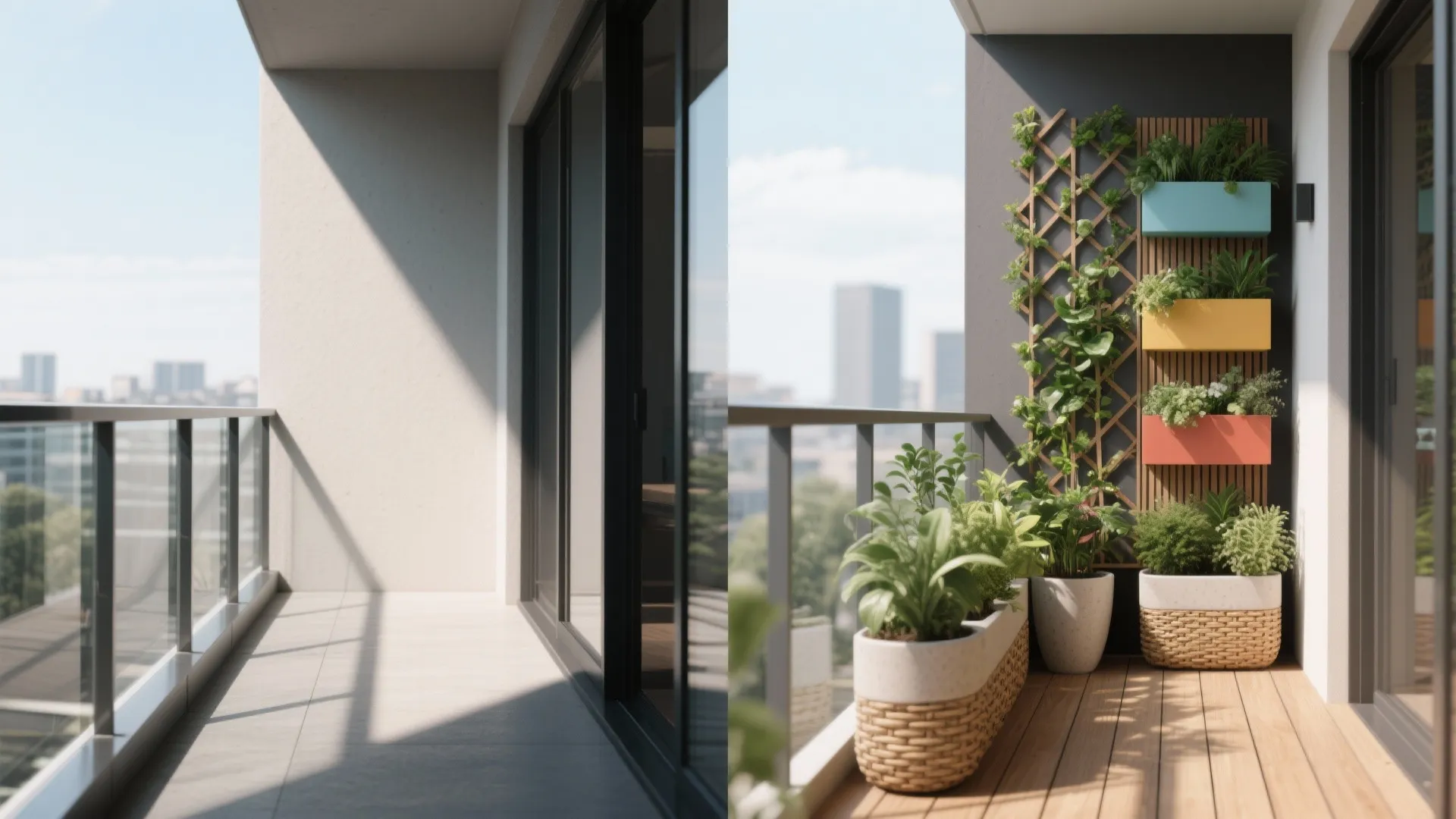 Before and after view of empty balcony changed into garden with wood floor and wall plants