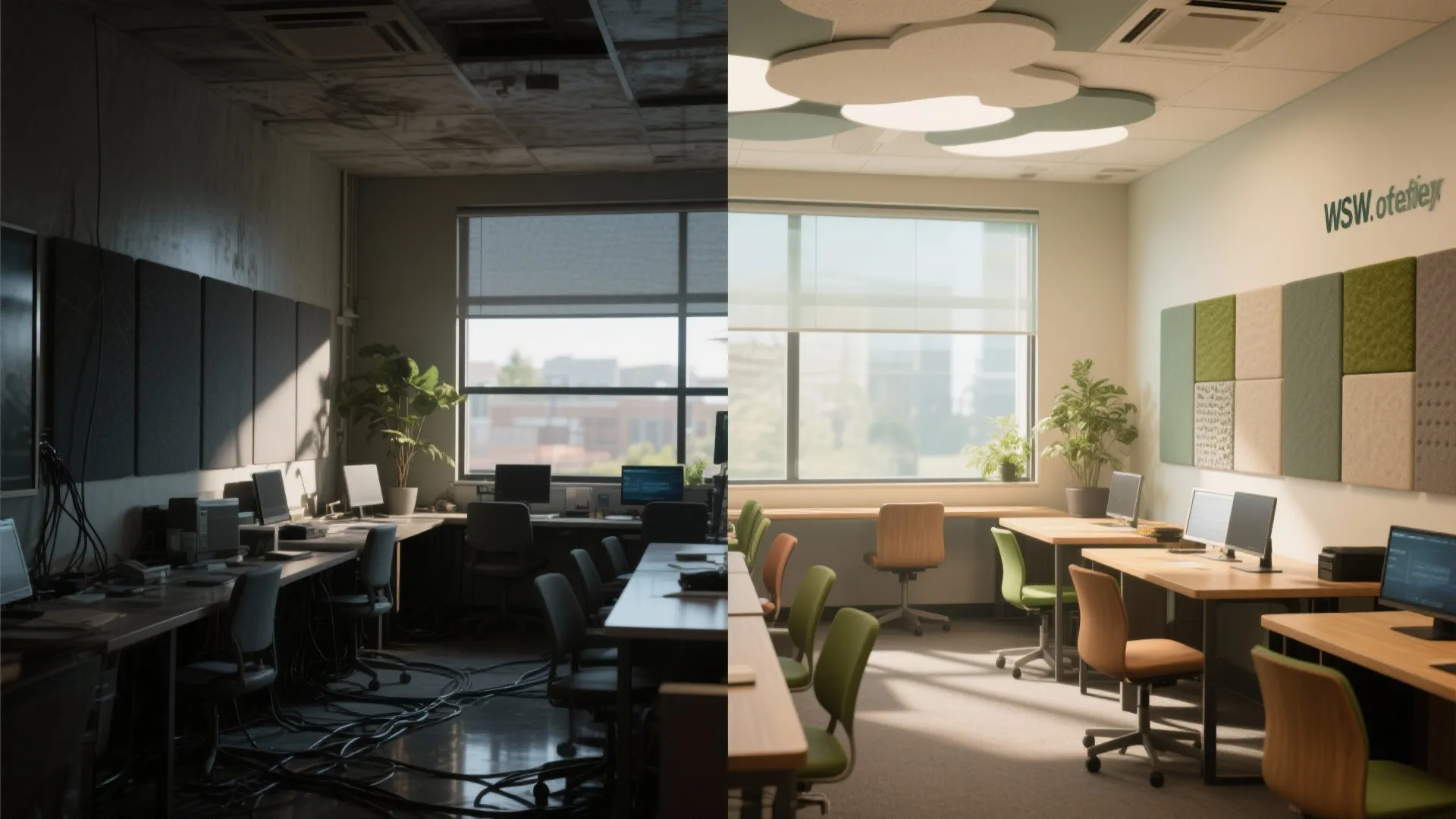 Before and after comparison of a messy office versus a clean modern workspace with wall panels