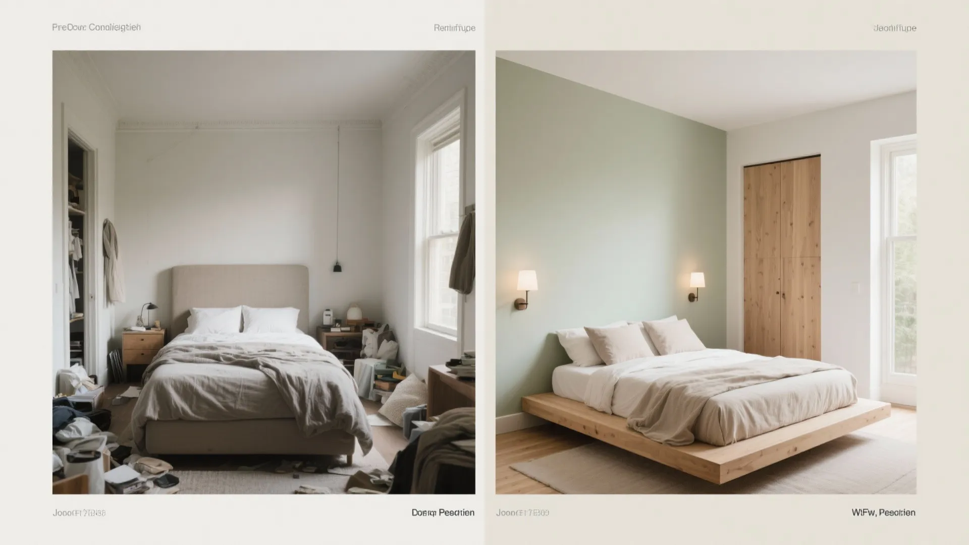 Before and after comparison of a messy bedroom next to a clean modern green bedroom