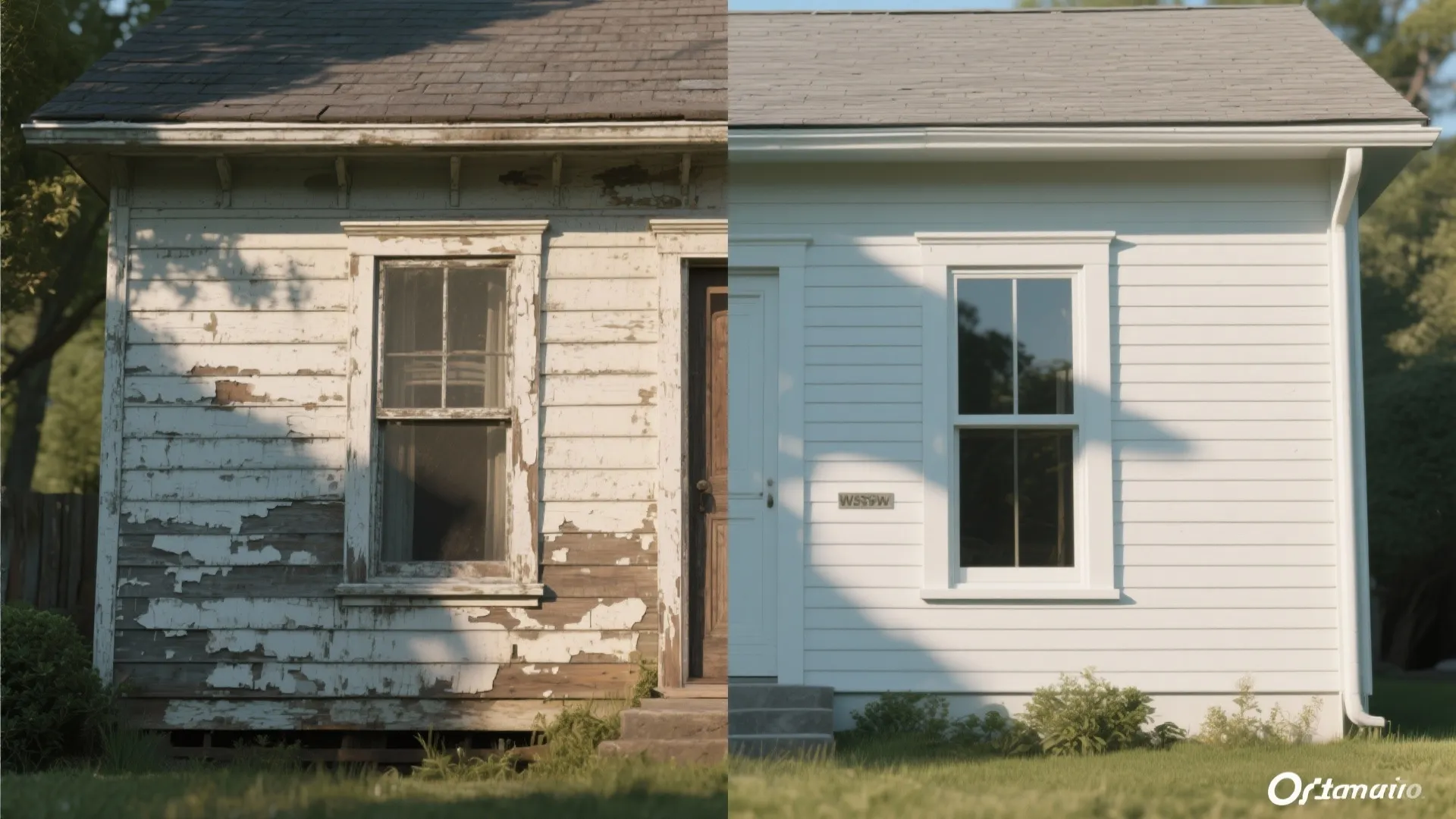Side-by-side before and after of a cottage facade showing peeling paint versus a smooth freshly spray-painted finish.
