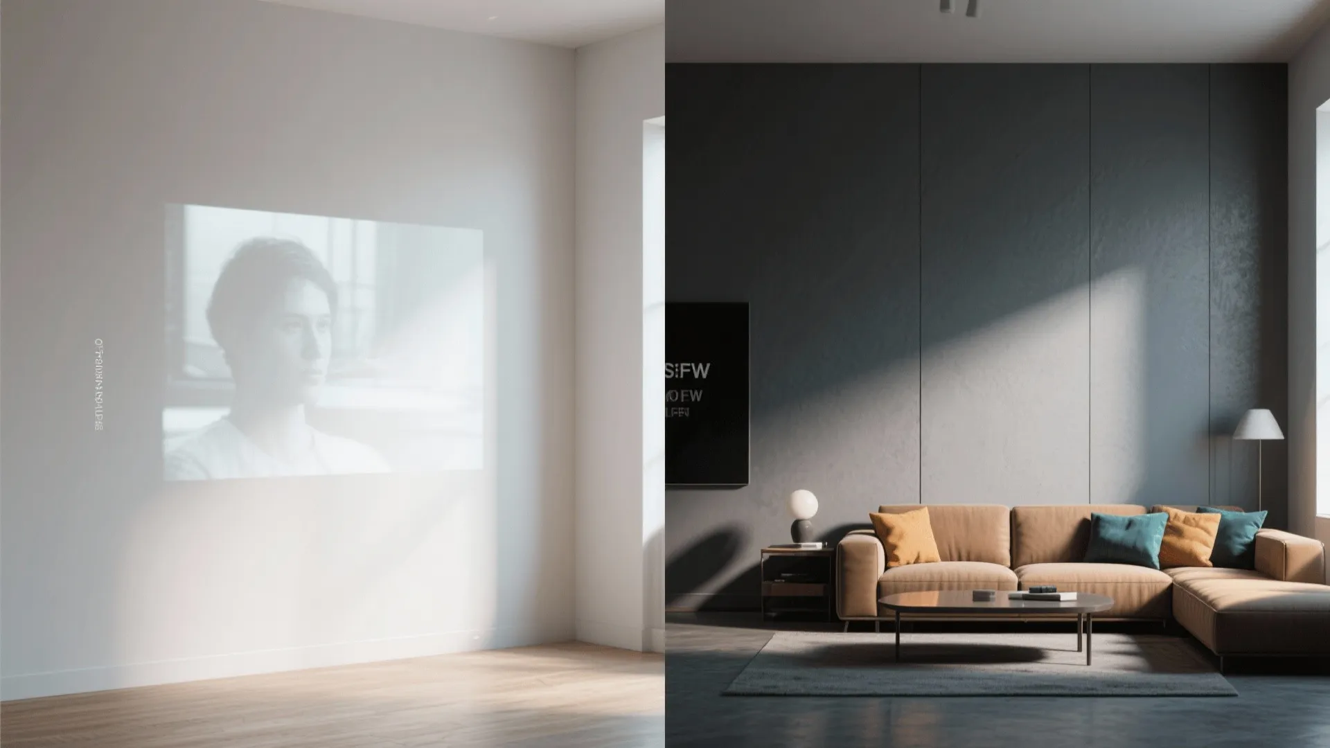 Before and after comparison of a bare white wall versus a furnished modern dark living room