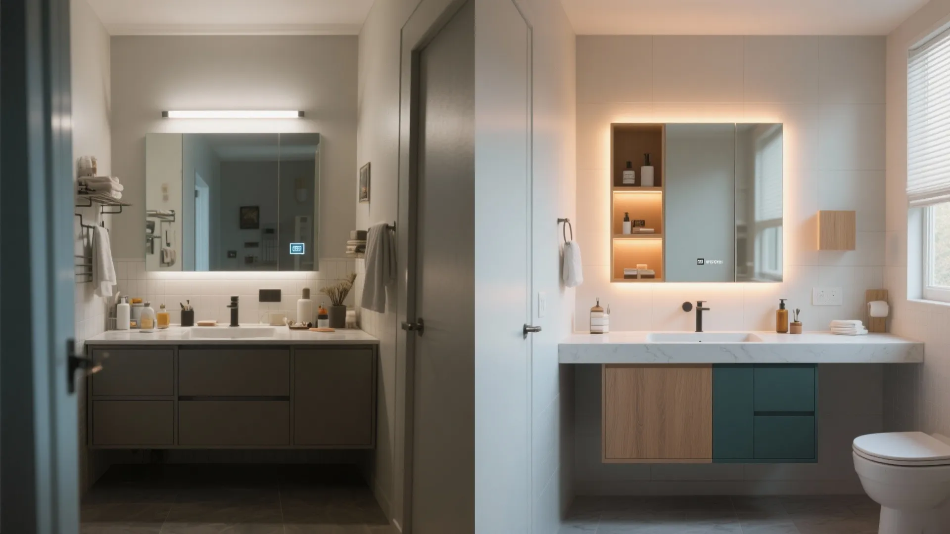 Before and after comparison of a dark bathroom remodel versus a bright modern bathroom design