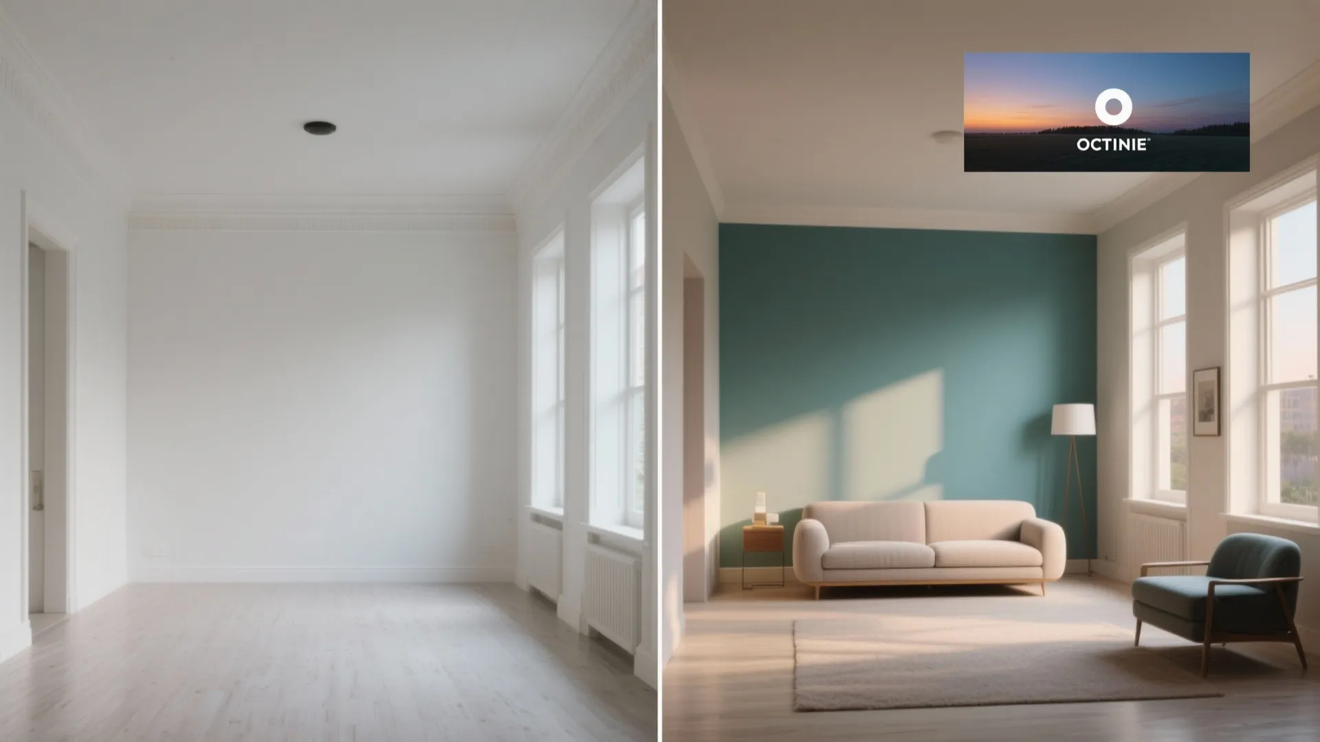 Before and after comparison of an empty white room versus a furnished living room design