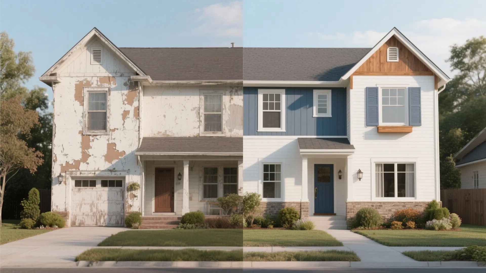 Before and after side by side comparison showing a renovated house exterior with new white siding