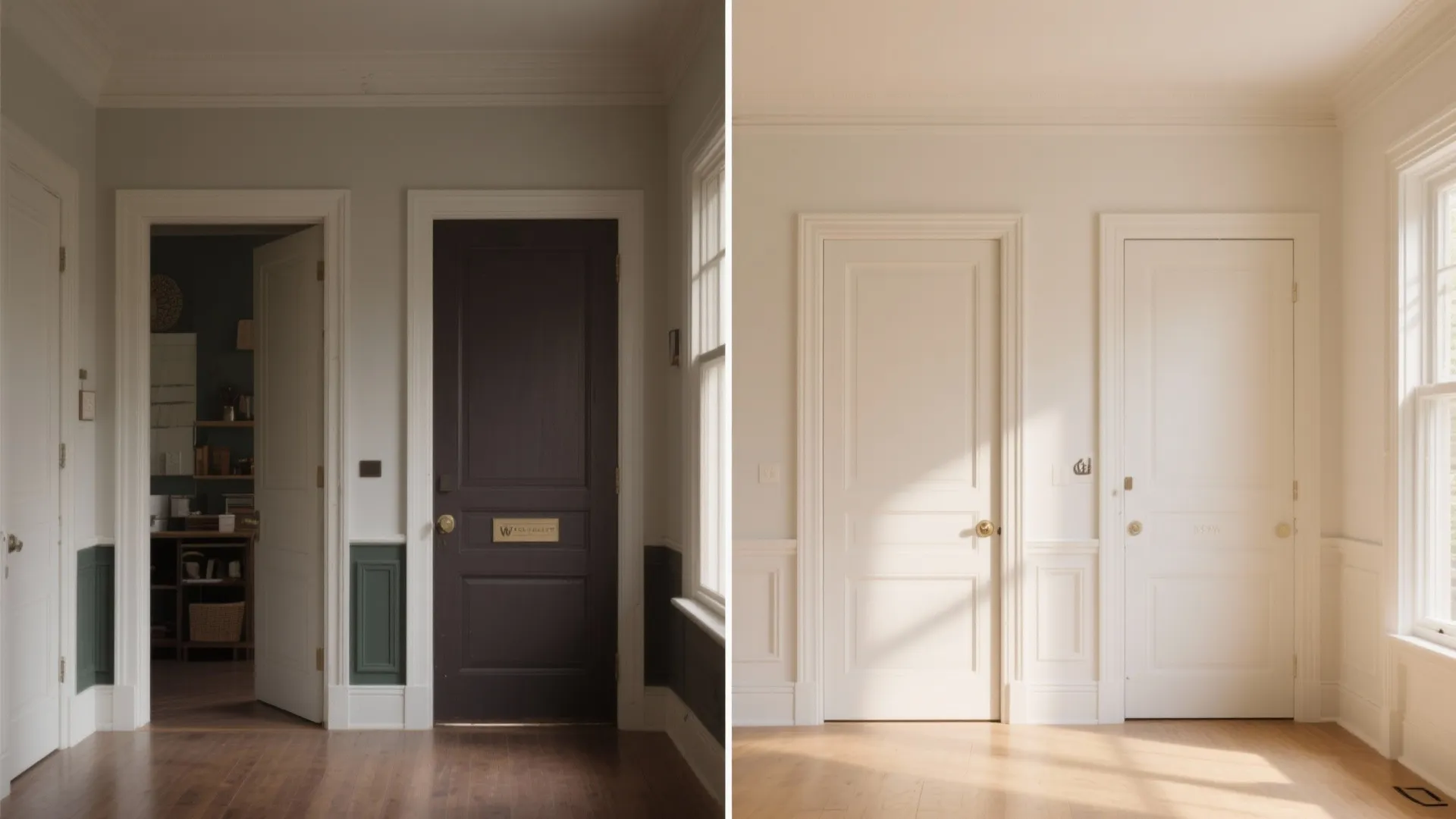 Before and after comparison showing dark wooden doors changed to bright white doors with sunlight
