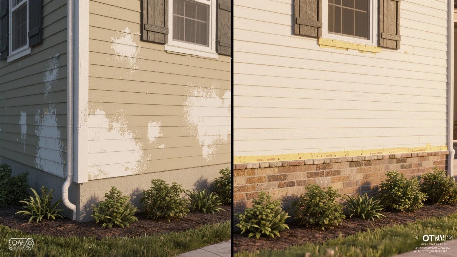 Before and after comparison of house wall siding with paint damage versus a clean finish