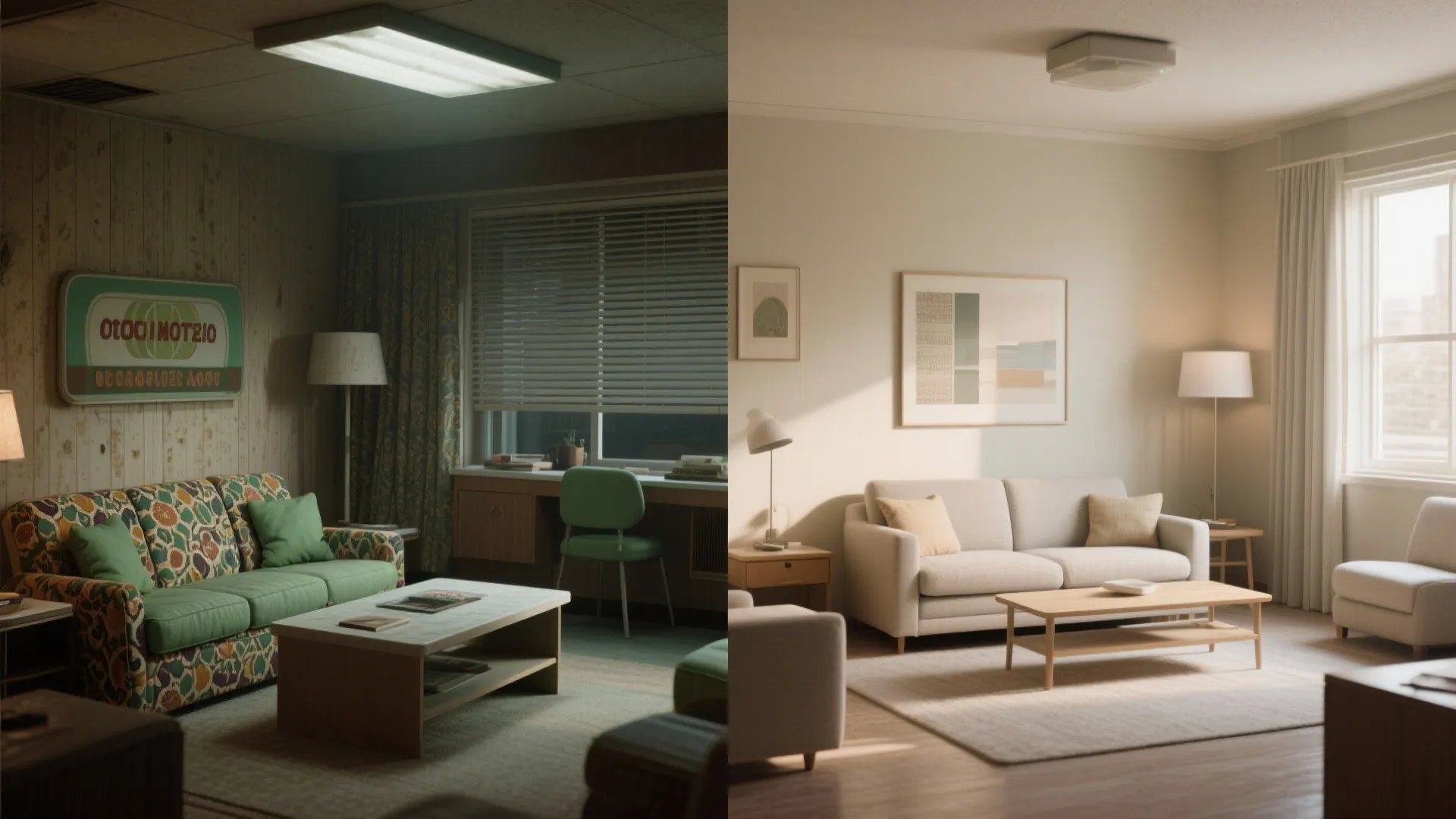 Before-and-after of a small living room: dated avocado-green motel look versus calm neutral redesign.