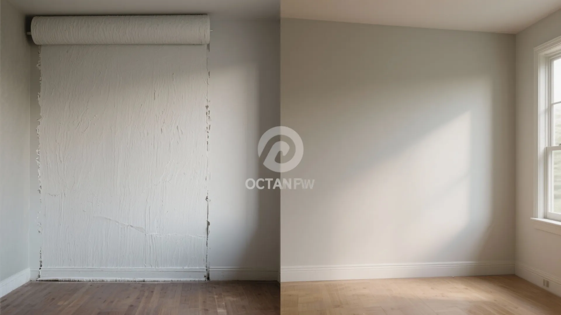 Before and after comparison of a rough textured wall surface and a smooth finished painted wall