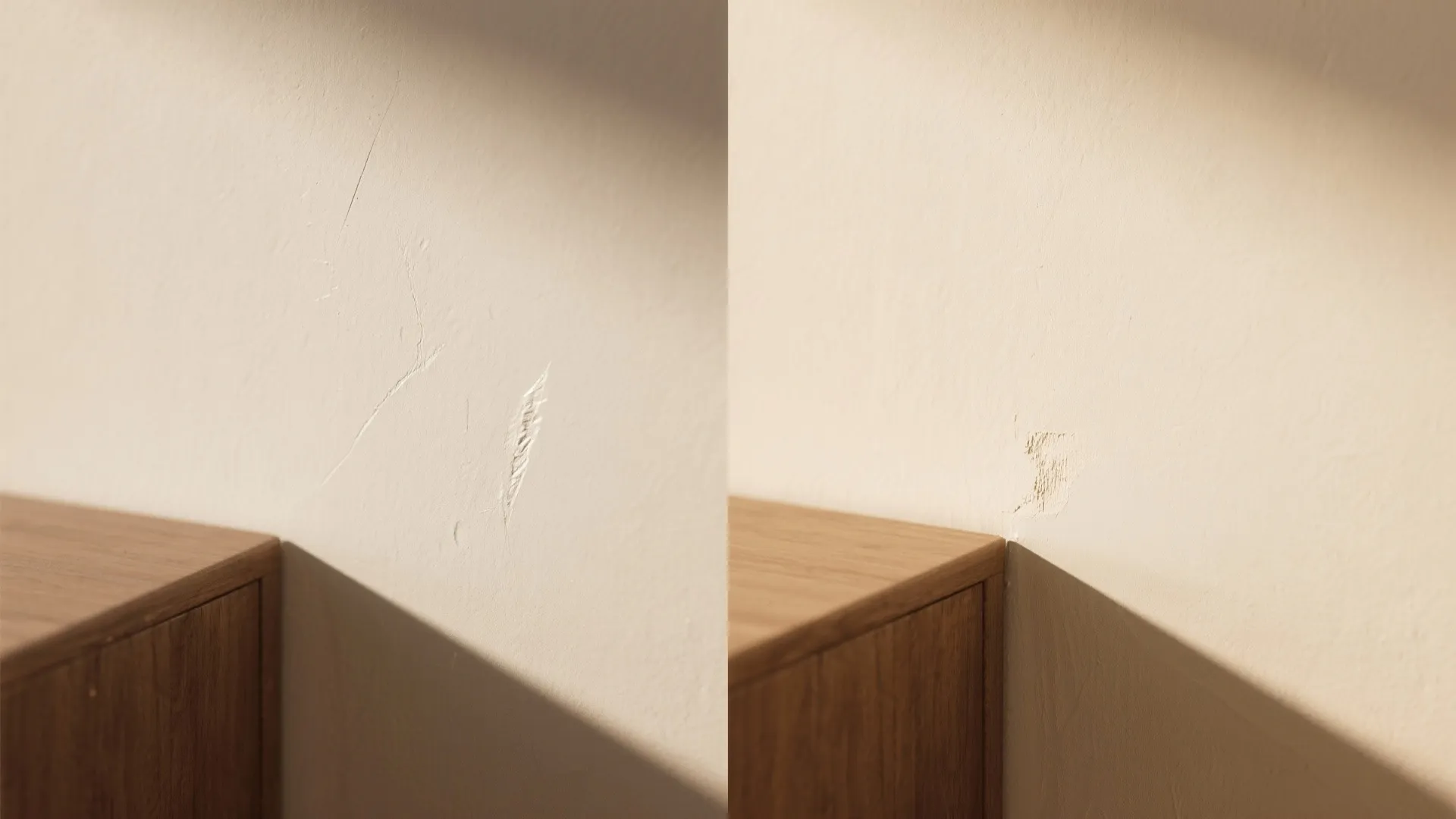 Before and after comparison showing a damaged wall with scratches and a repaired white wall surface