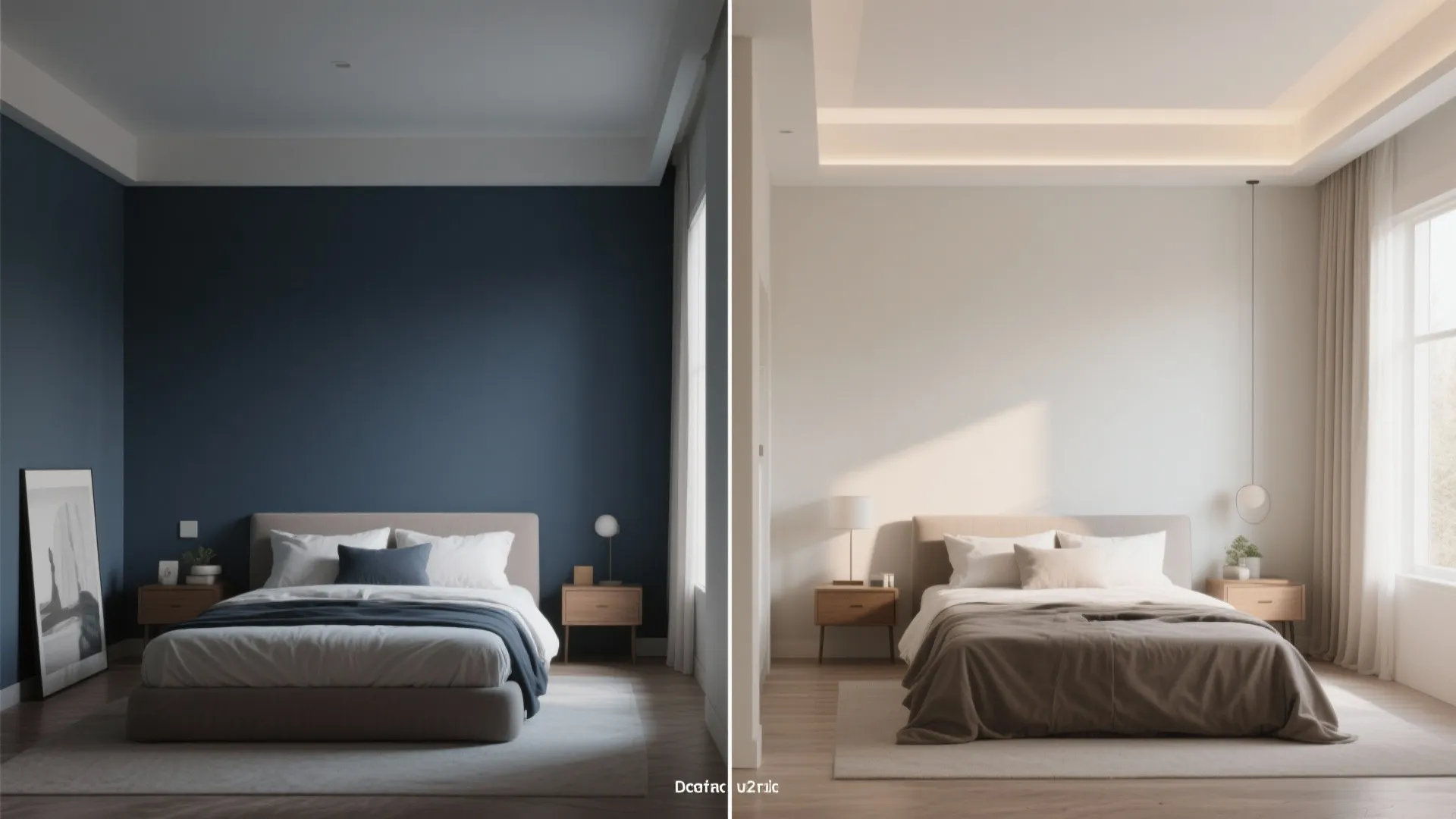 Split before-and-after of a small bedroom showing dark walls versus light walls and ceiling tricks that enlarge perception.
