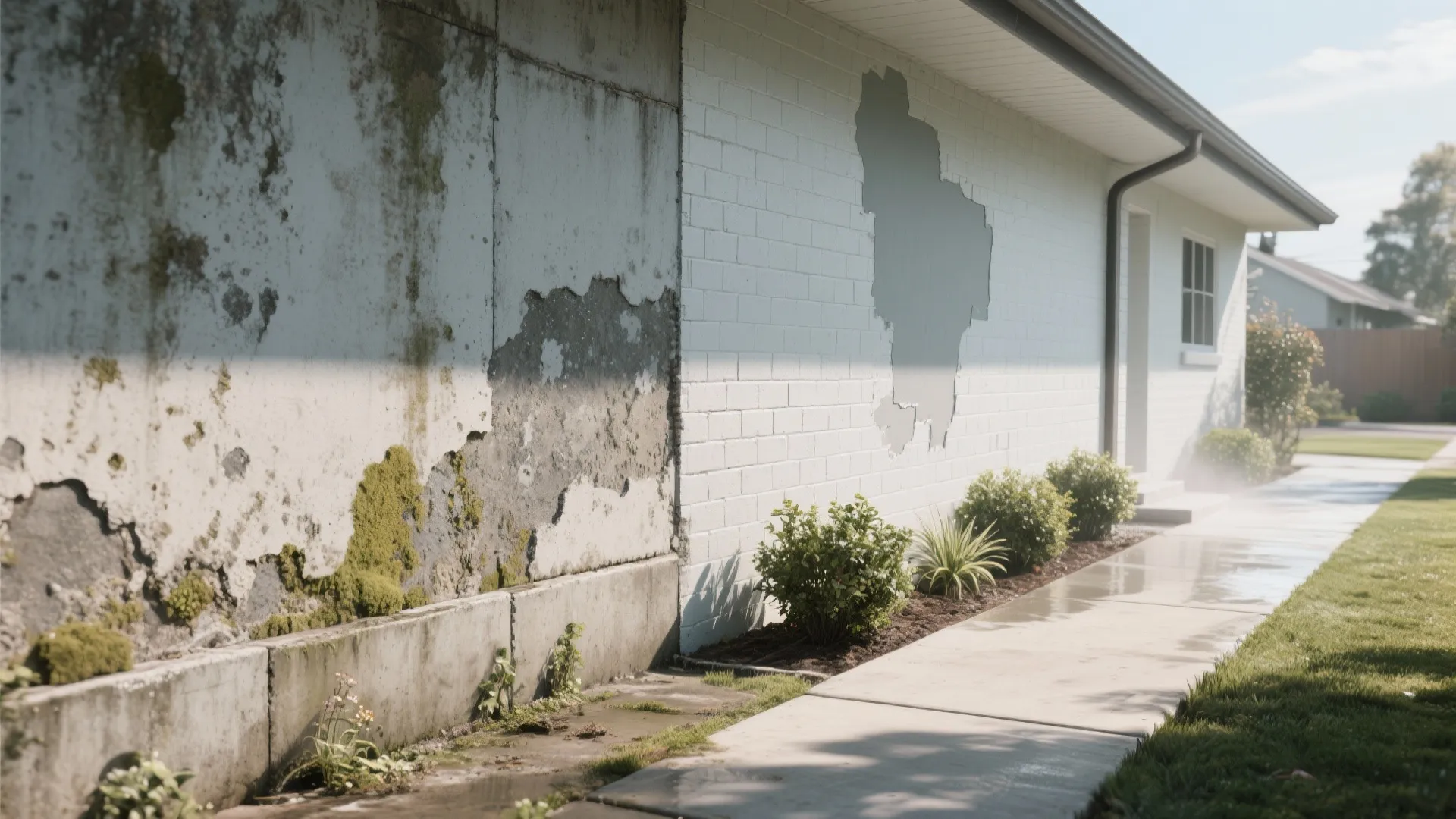 Before and after comparison of a damaged exterior house wall being repaired with clean white paint