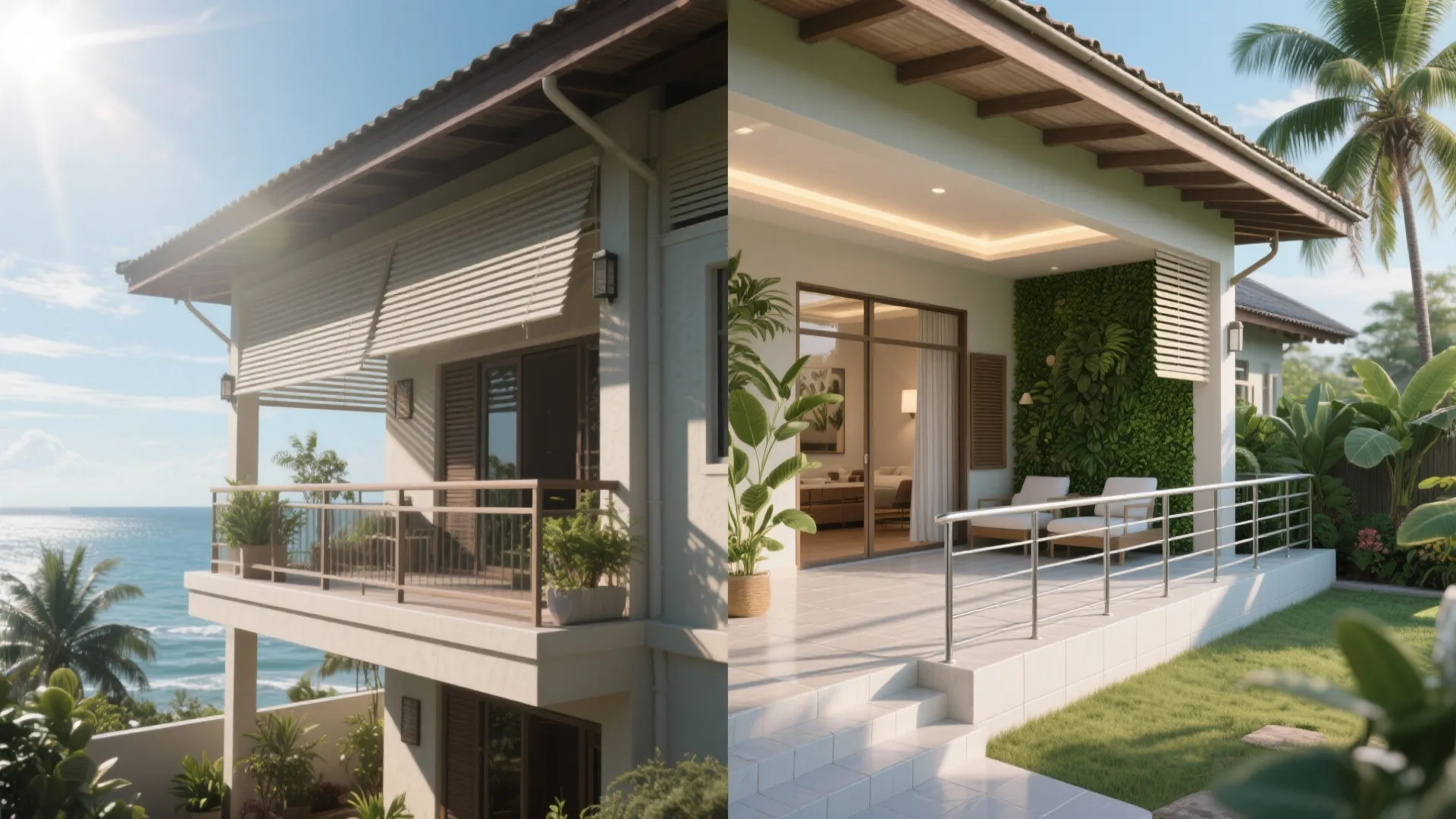 Side by side comparison of a tropical villa balcony before and after adding luxury furniture