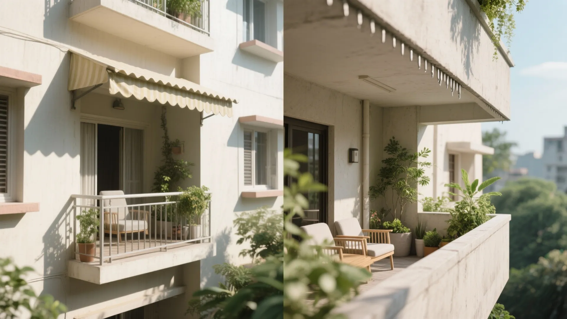 Side by side view of a balcony showing an awning versus an open roof design