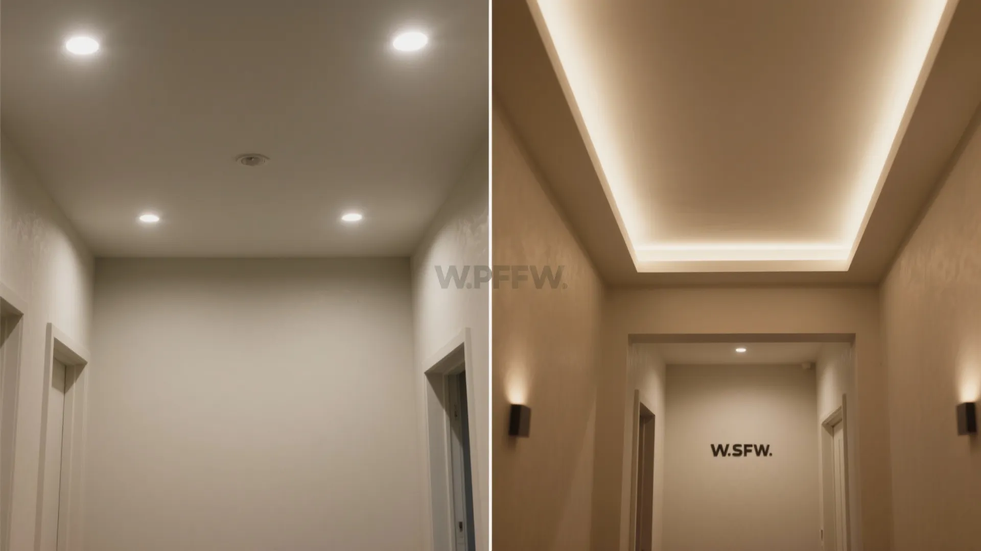Before and after comparison of hallway lighting showing simple ceiling lights versus warm hidden lights