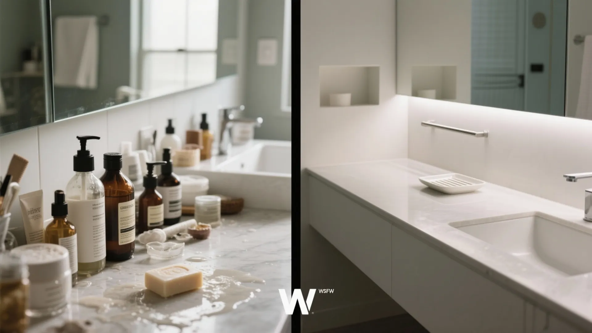 Before and after comparison showing a messy bathroom sink versus a clean and organized vanity
