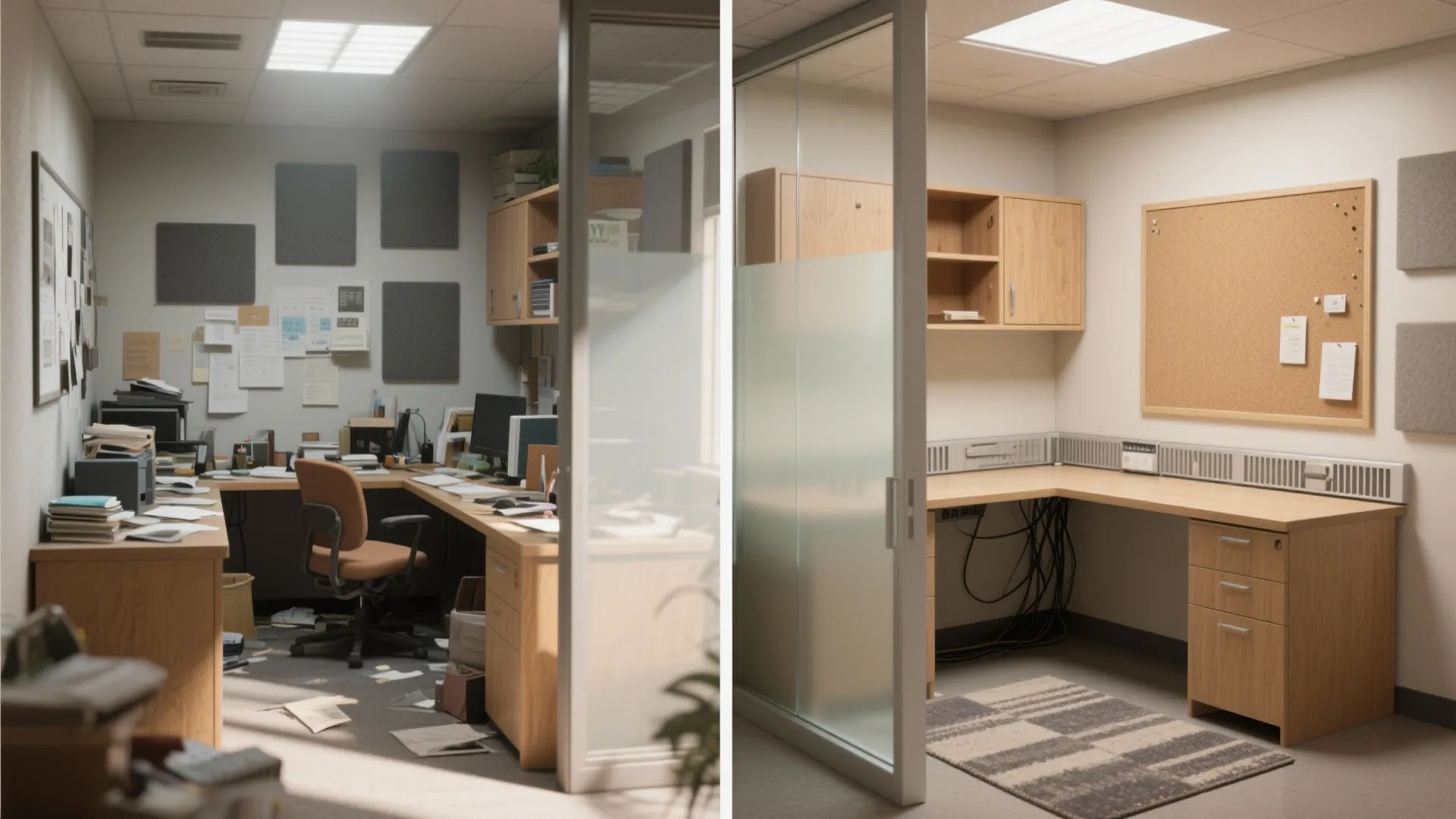 Before-and-after comparison of a messy cluttered office versus a clean organized workspace with wood furniture