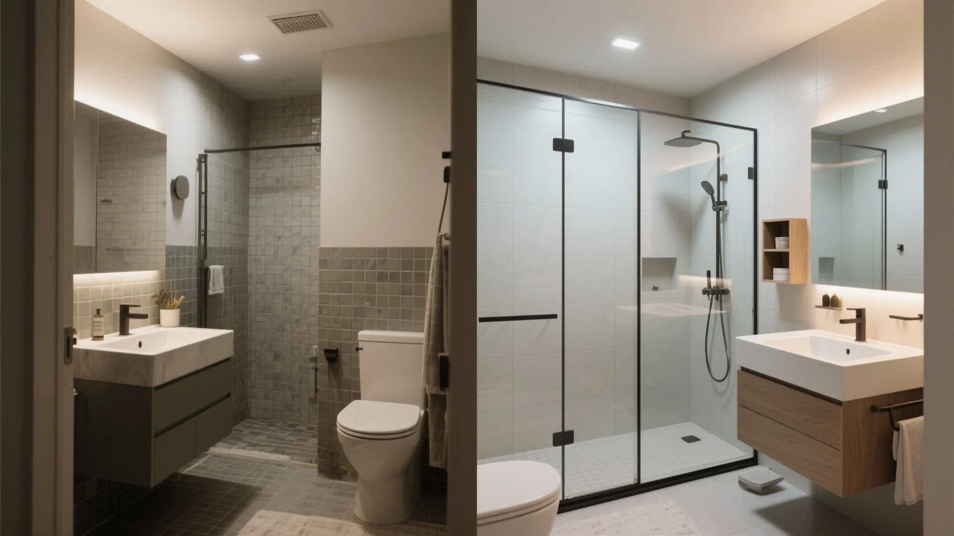 Before-and-after comparison of a small dated bathroom renovated into a modern bright walk-in shower space