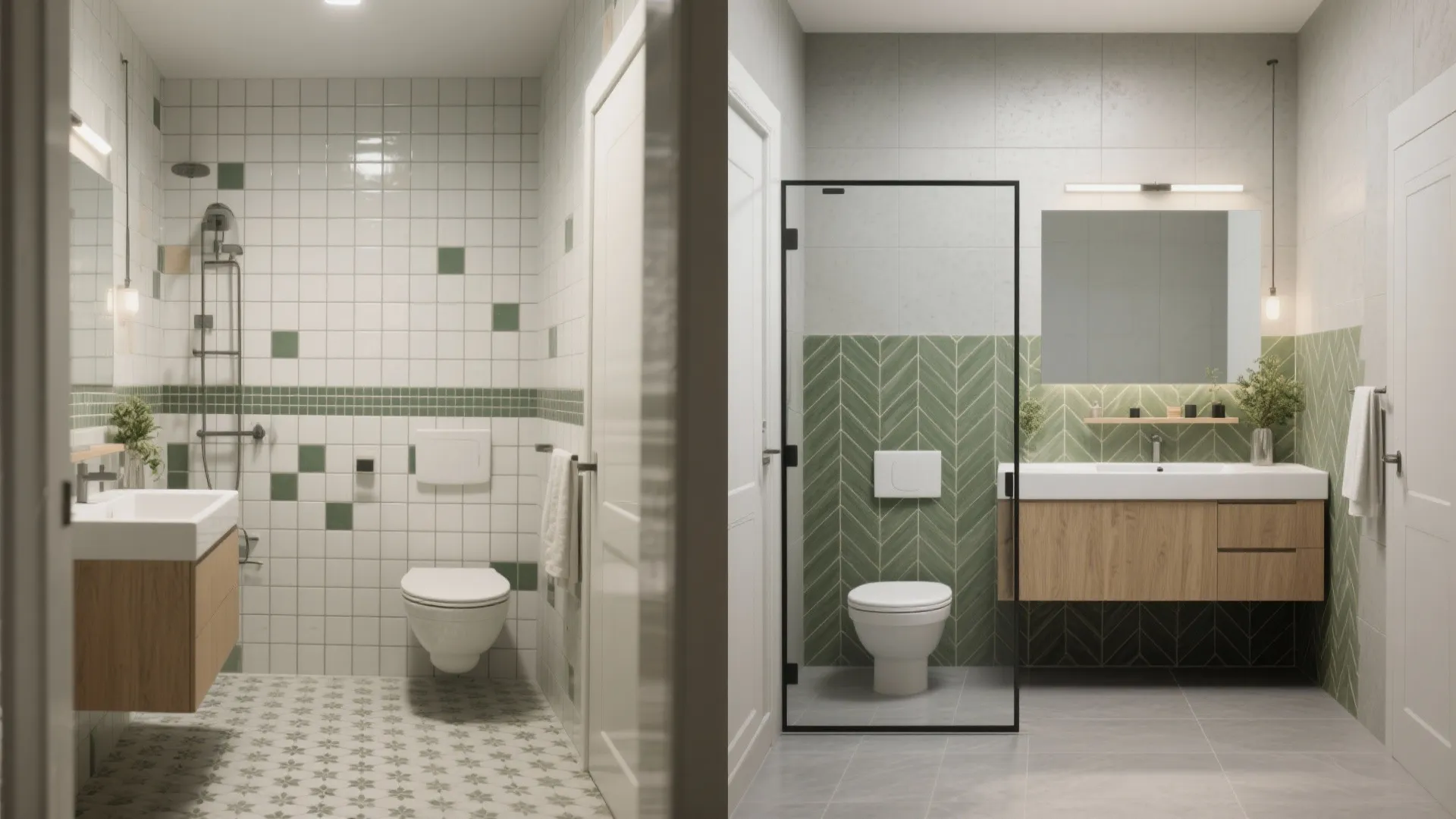 Before-and-after of a small bathroom showing busy tiles versus calm large-format porcelain with matched grout.