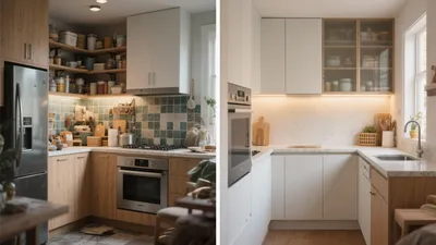 Modern L-Shaped Kitchen with Wood & White Cabinetry