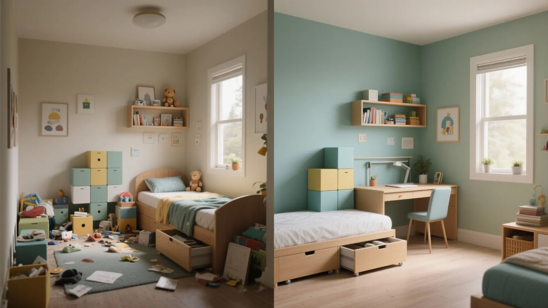 Before and after comparison of a messy kids bedroom versus a clean organized room layout