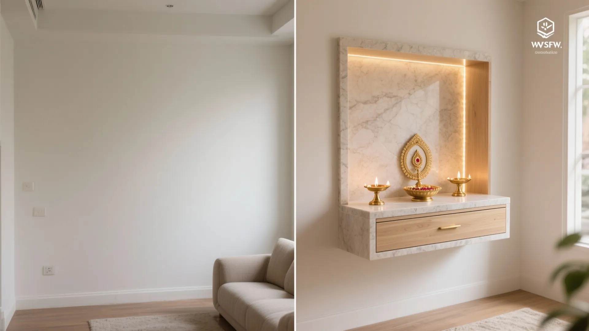 Split view of a corner before—plain wall—and after with a floating pooja shelf, slim drawer, brass diyas, and warm LEDs.