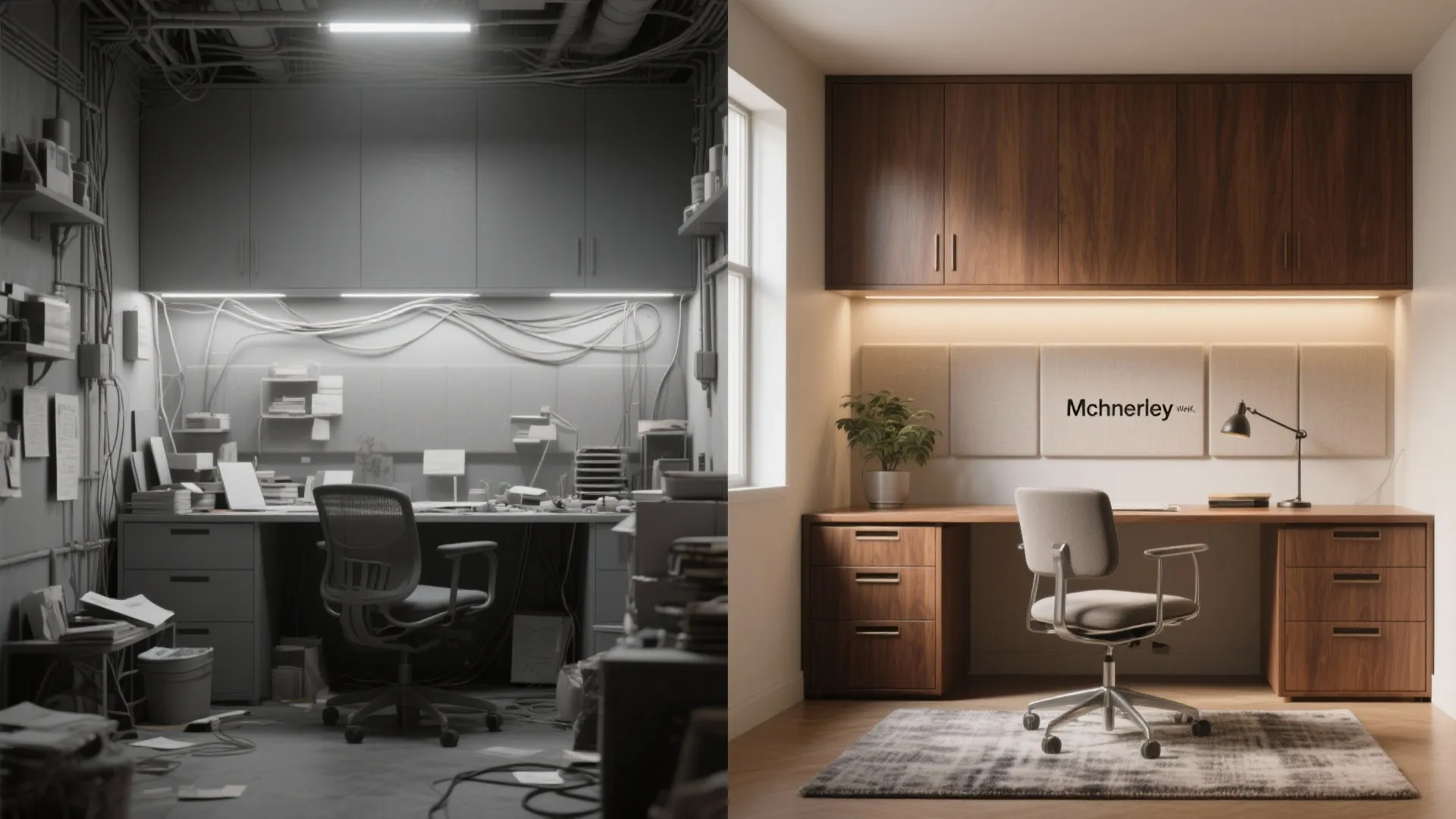 Before and after interior design drawing showing messy grey workspace versus clean modern wood office desk