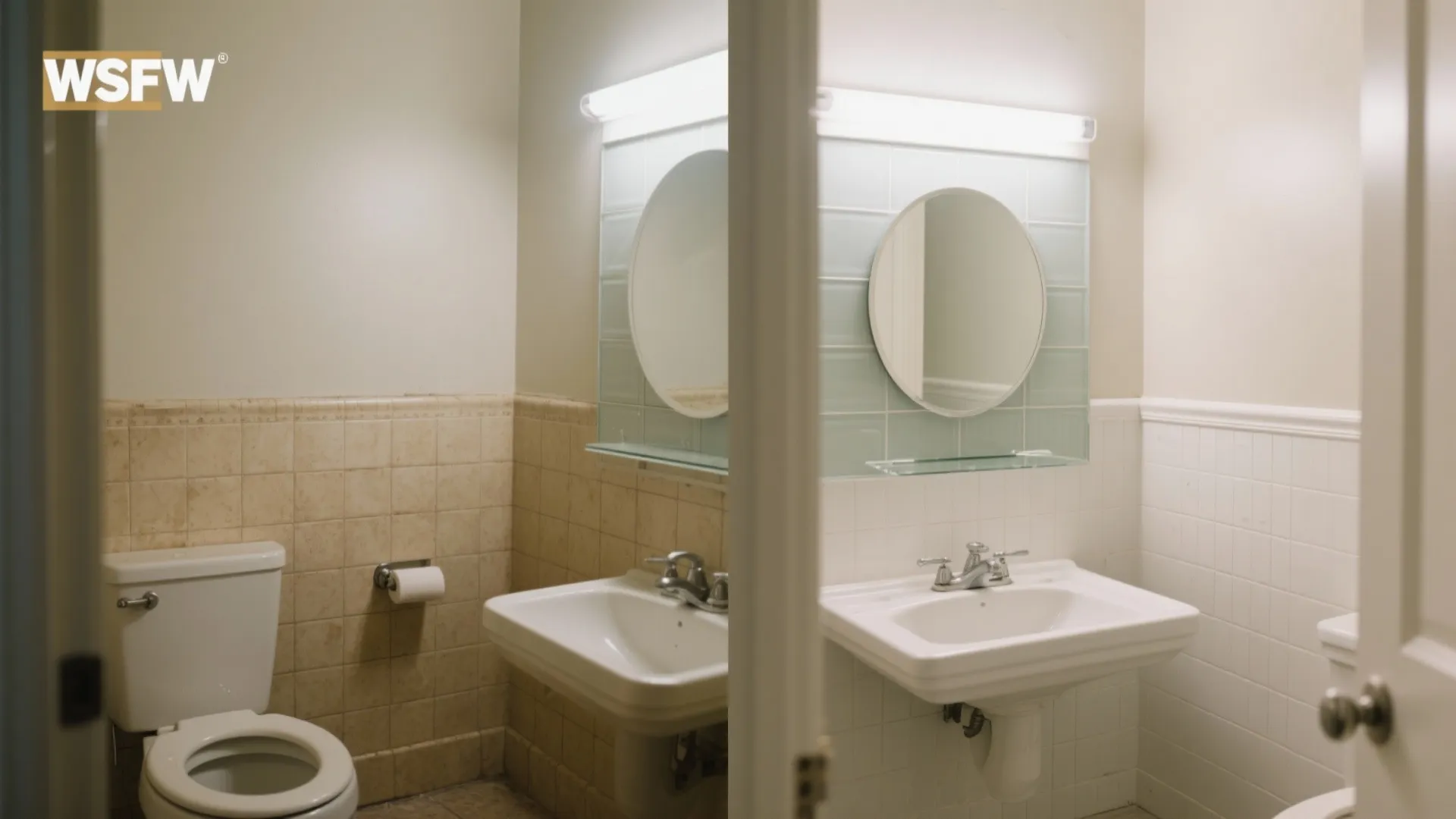 Before and after comparison of an old beige bathroom versus a clean white updated bathroom