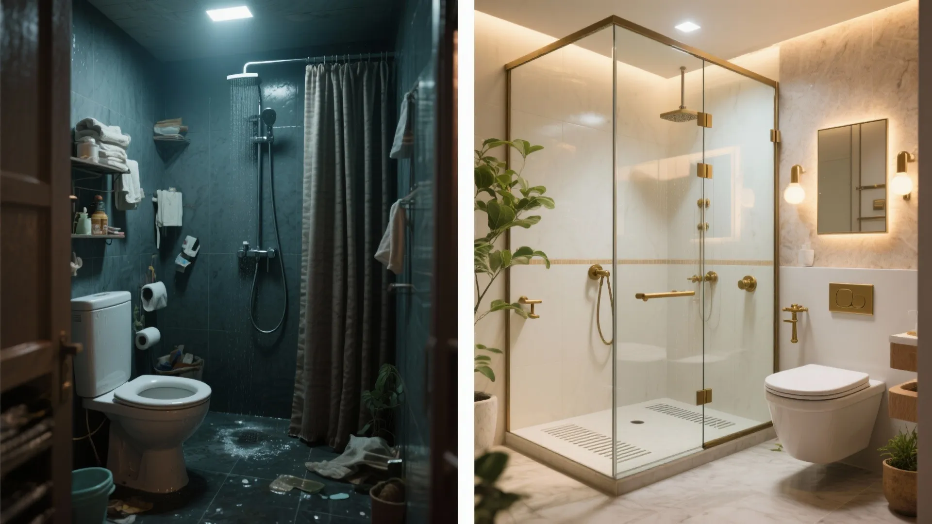 Before and after comparison of a dark messy bathroom versus a modern bright glass shower room