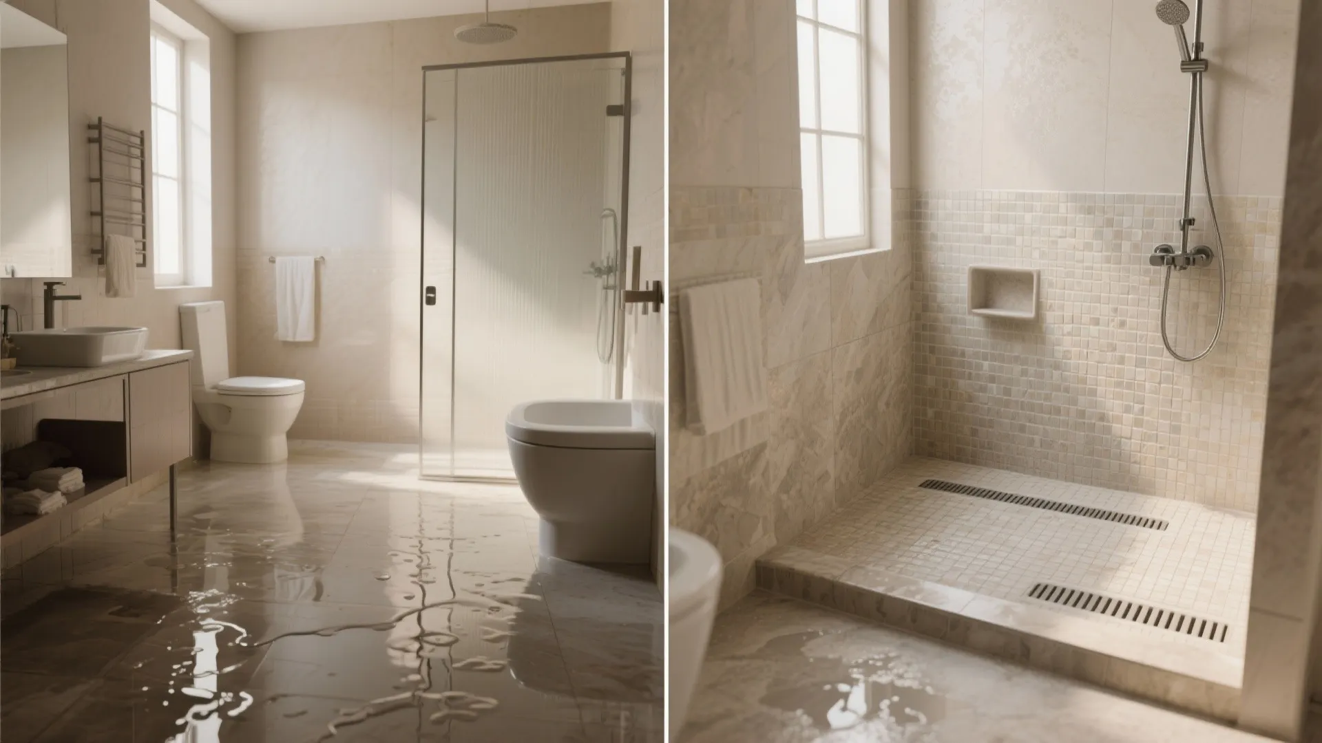 Comparison showing a flooded bathroom floor versus a properly drained shower area with square tiles