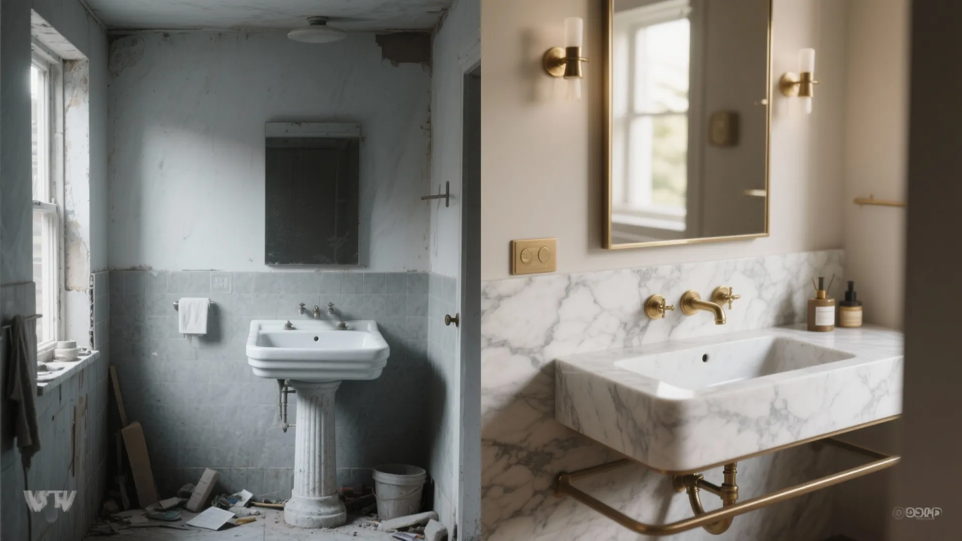 Before and after bathroom renovation showing old pedestal sink compared to modern marble floating vanity