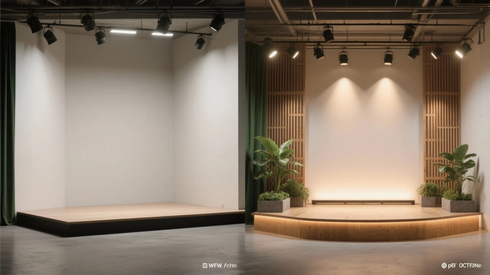 Before and after comparison showing a bare stage versus a decorated studio with wood panels