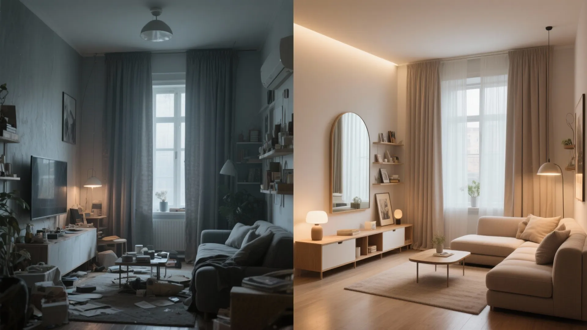 Before and after comparison showing a messy living room transformed into a clean modern space