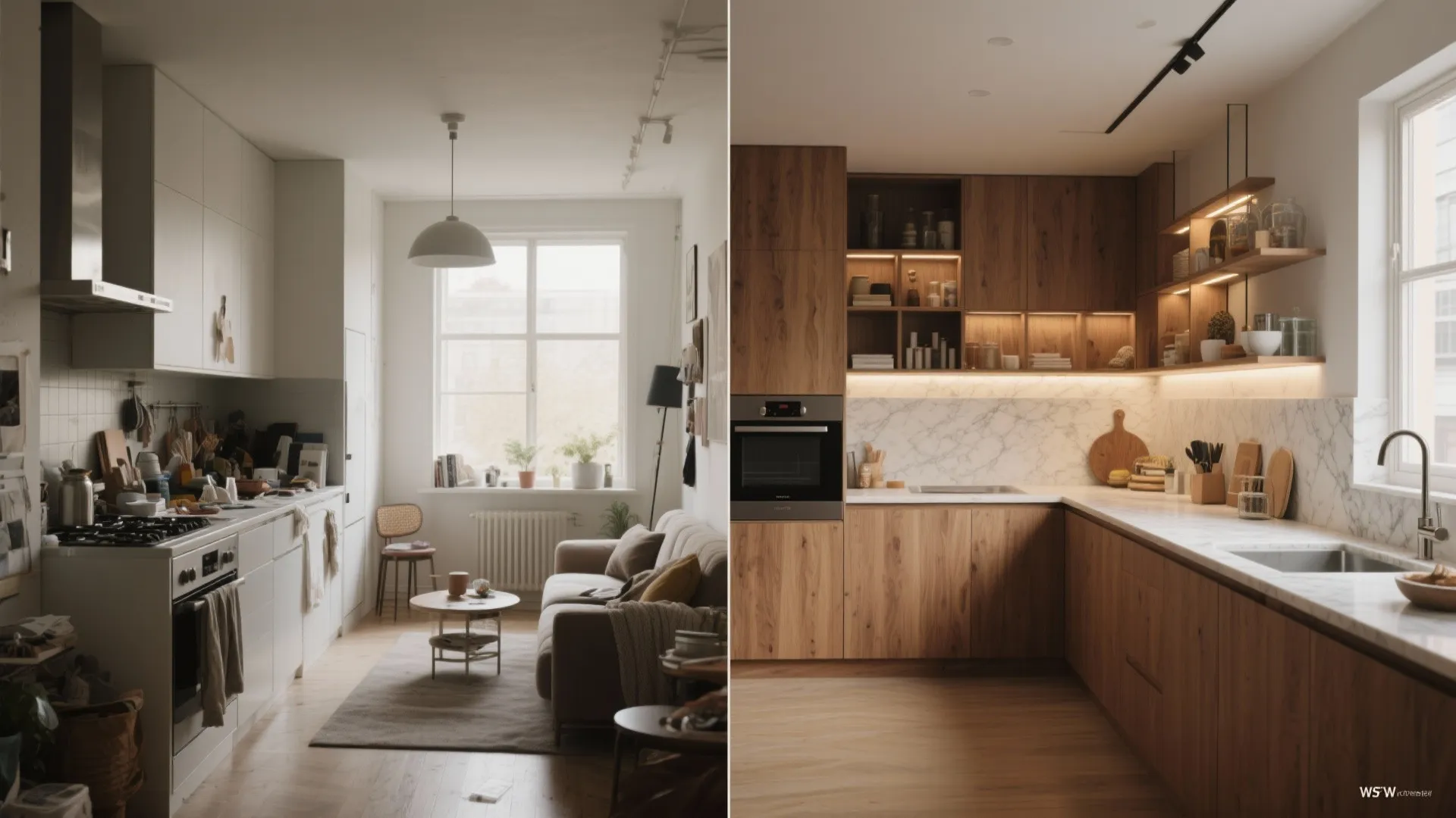 Before and after comparison of messy small kitchen versus clean modern kitchen with wooden cabinets