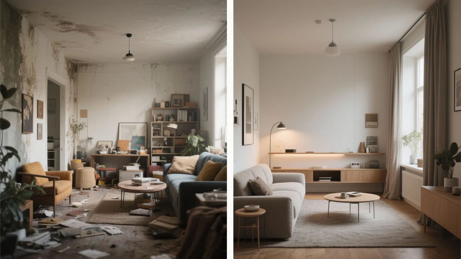 Before and after comparison of a messy old living room versus a clean modern interior