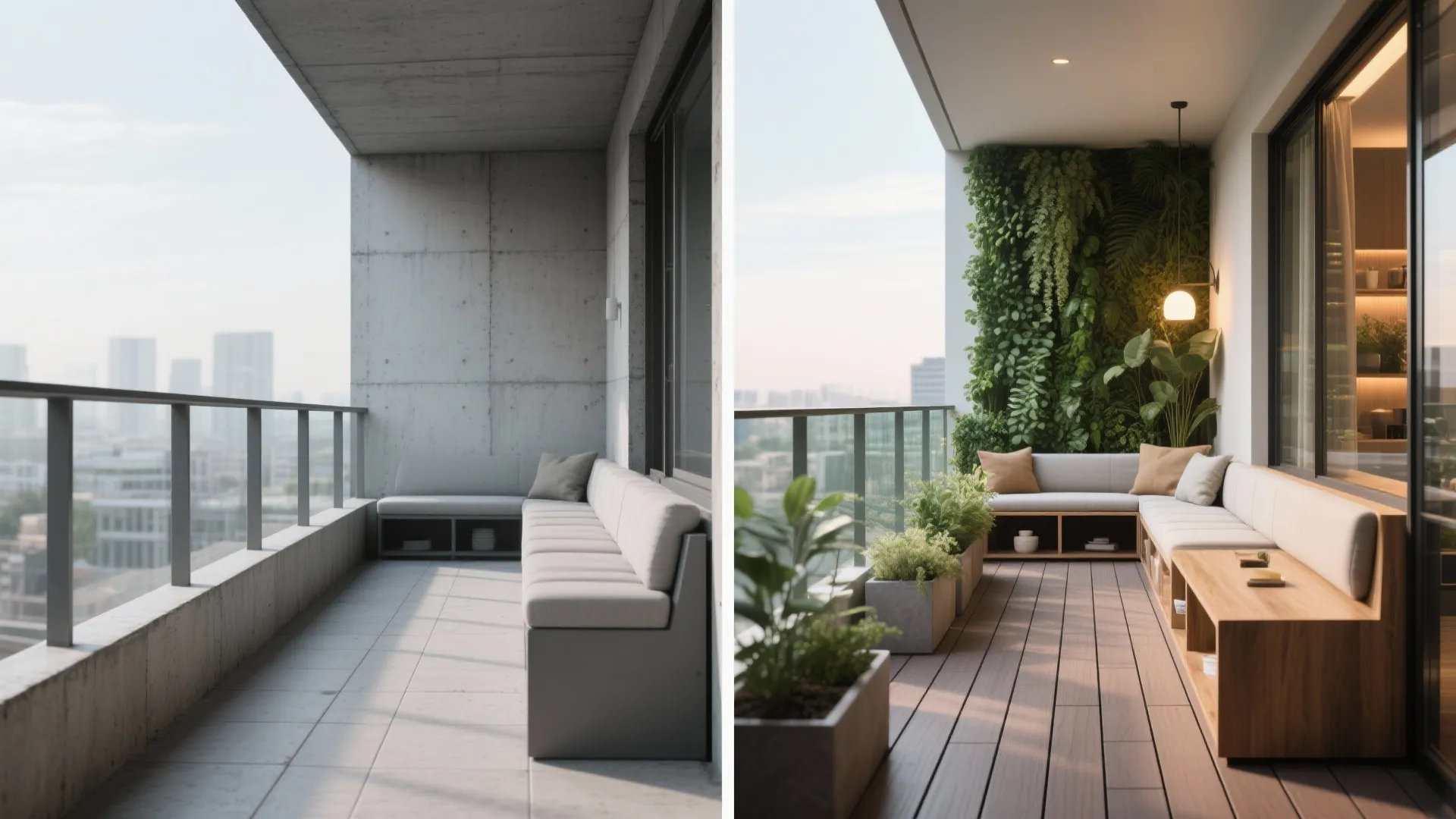 Before-and-after of a narrow balcony changing from bare concrete to an inviting space with L-seating, plants, glass, and deck tiles.