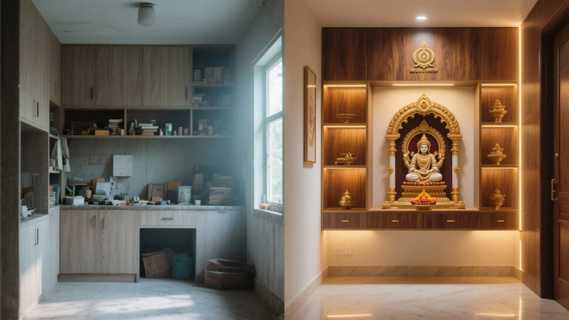 Comparison of a messy utility room versus a clean wooden prayer room with warm lighting
