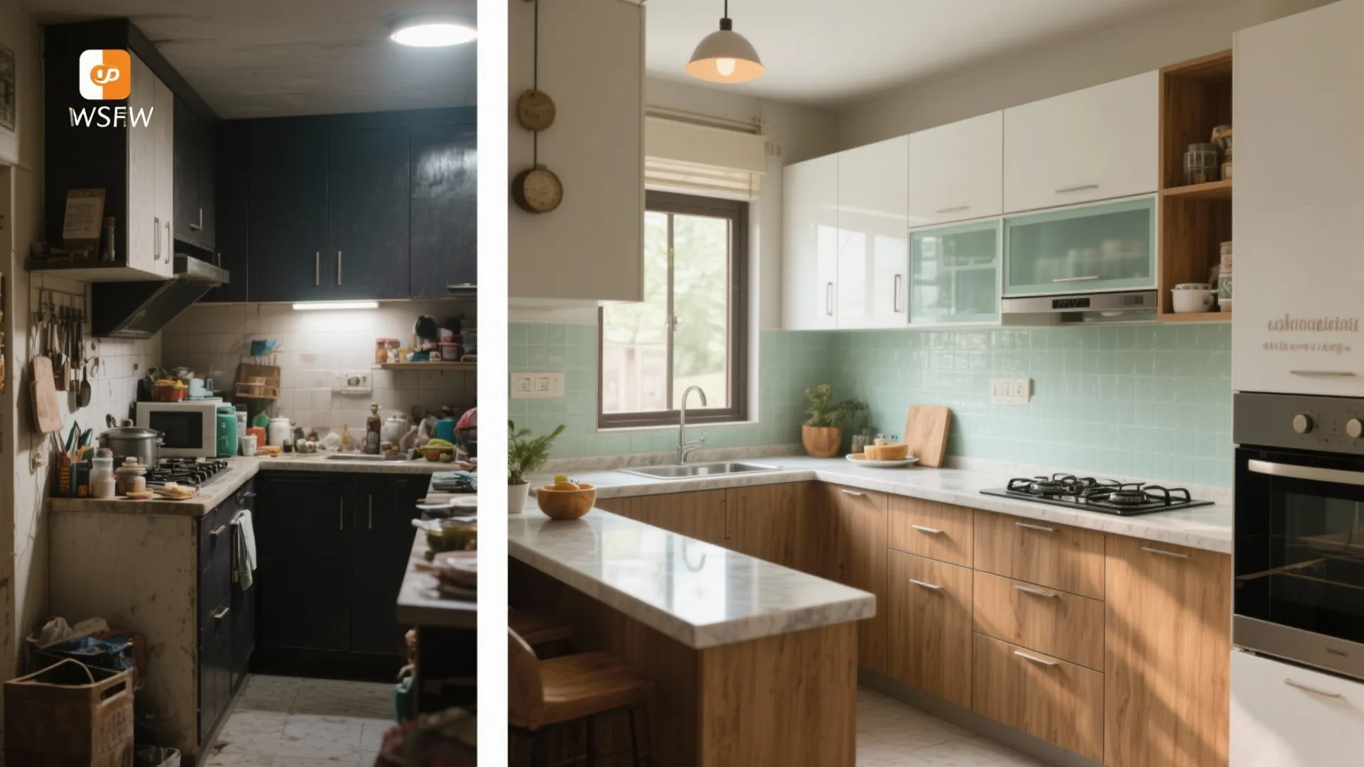 Before and after comparison of a dark cluttered kitchen versus a bright modern wooden kitchen