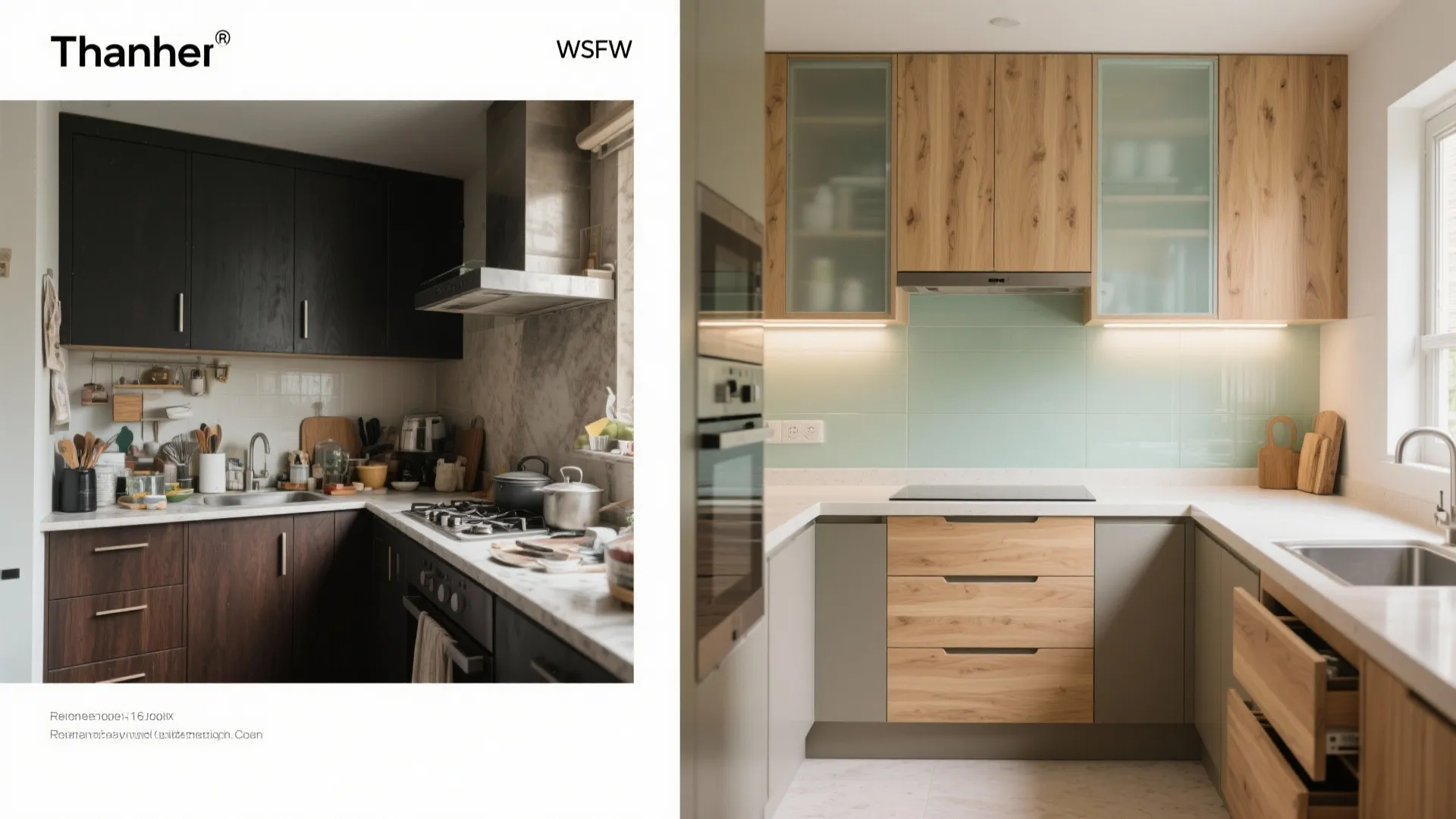 Before and after comparison of an old dark kitchen and a bright modern kitchen design
