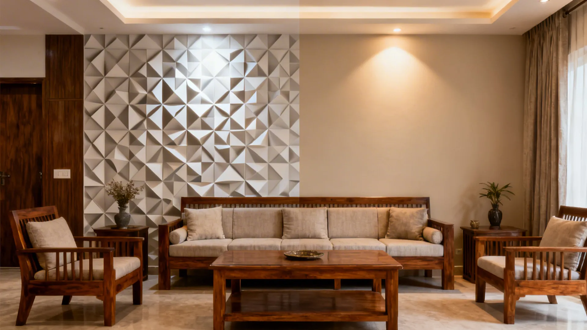 Before and after of a small living room wall showing improved 3D wallpaper scale and lighting.